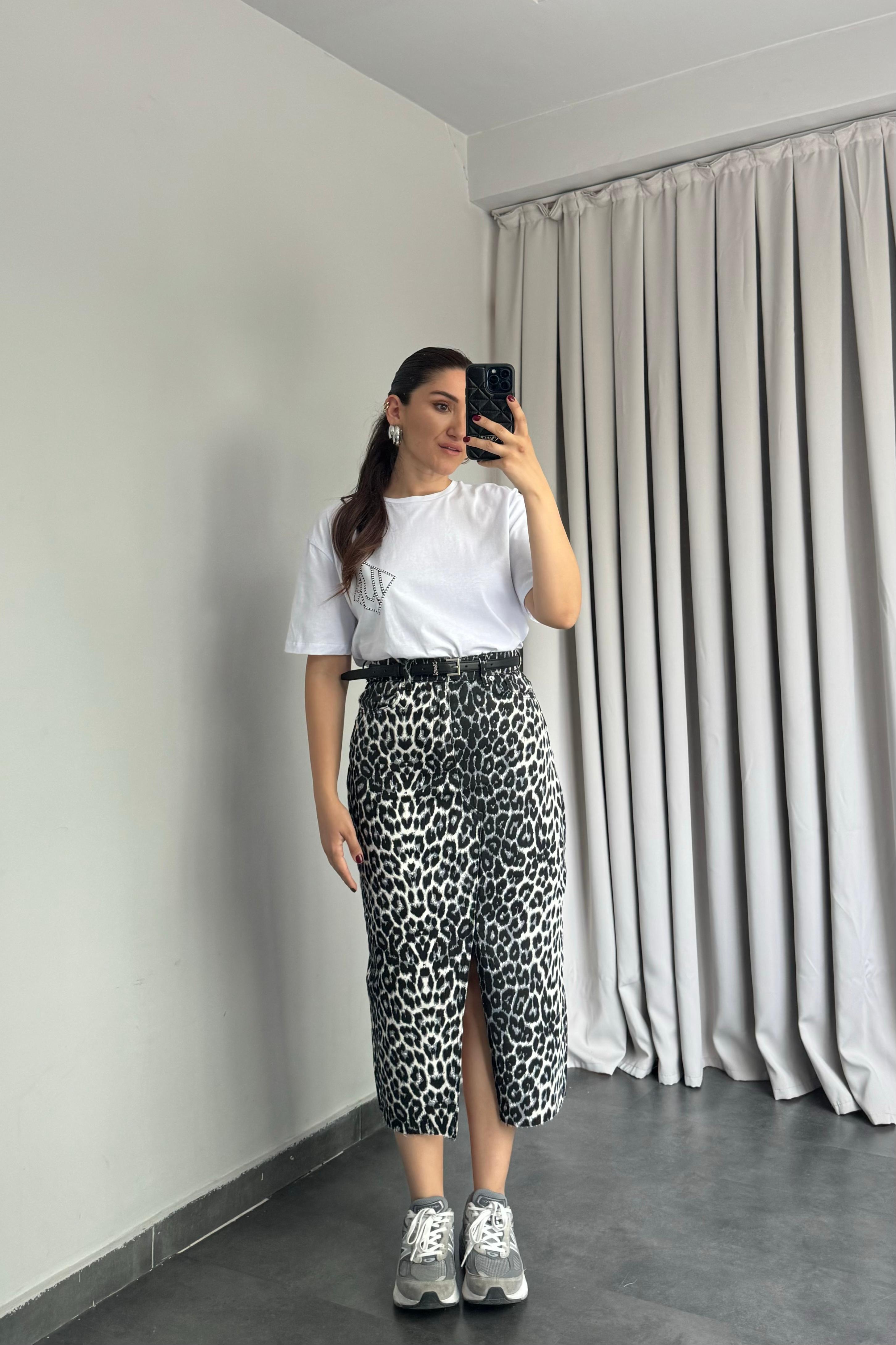 LEOPAR DESEN YITMAÇLI DENİM ETEK