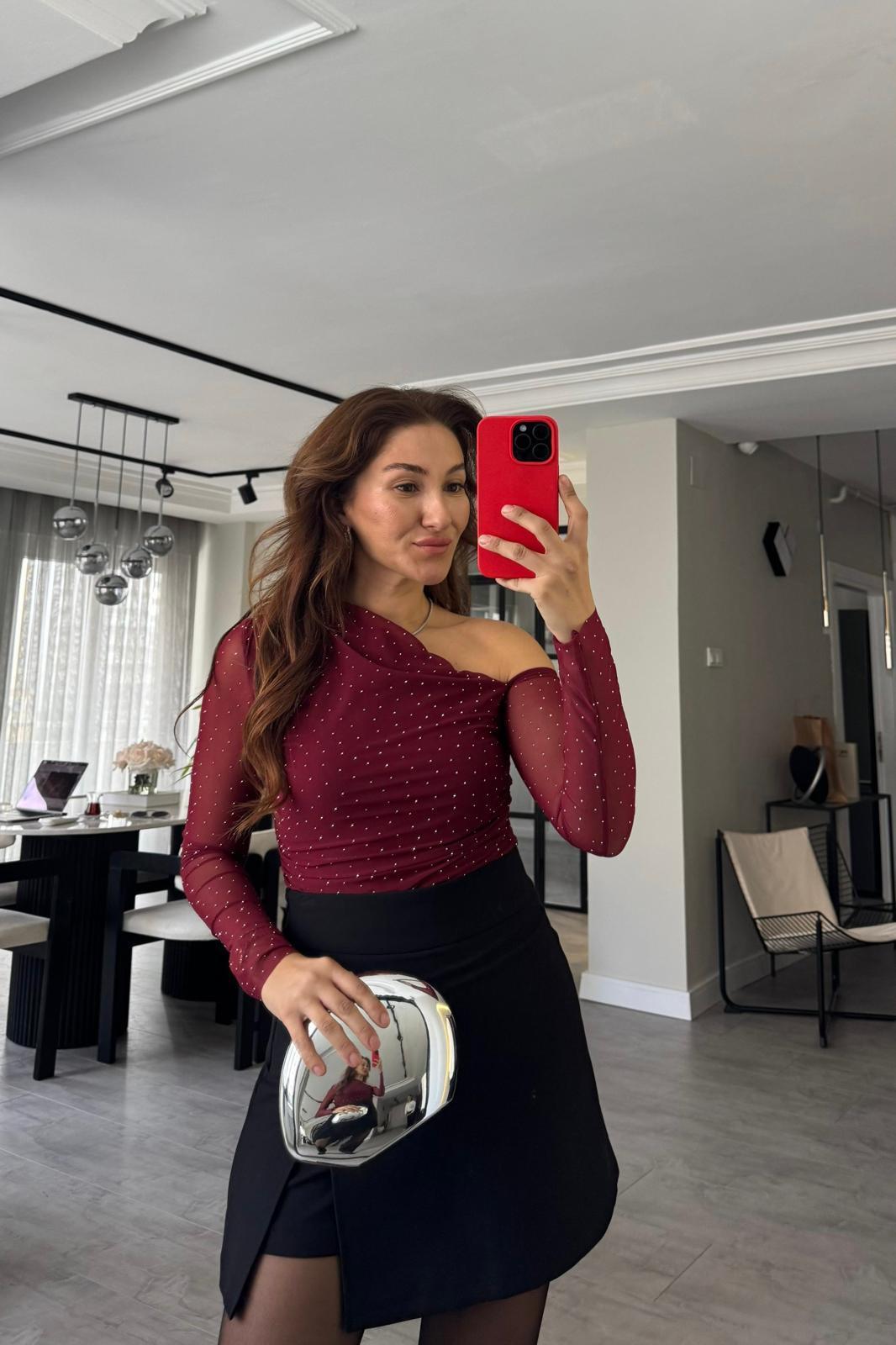 TEK OMUZ TAŞLI TÜL BLUZ/0869