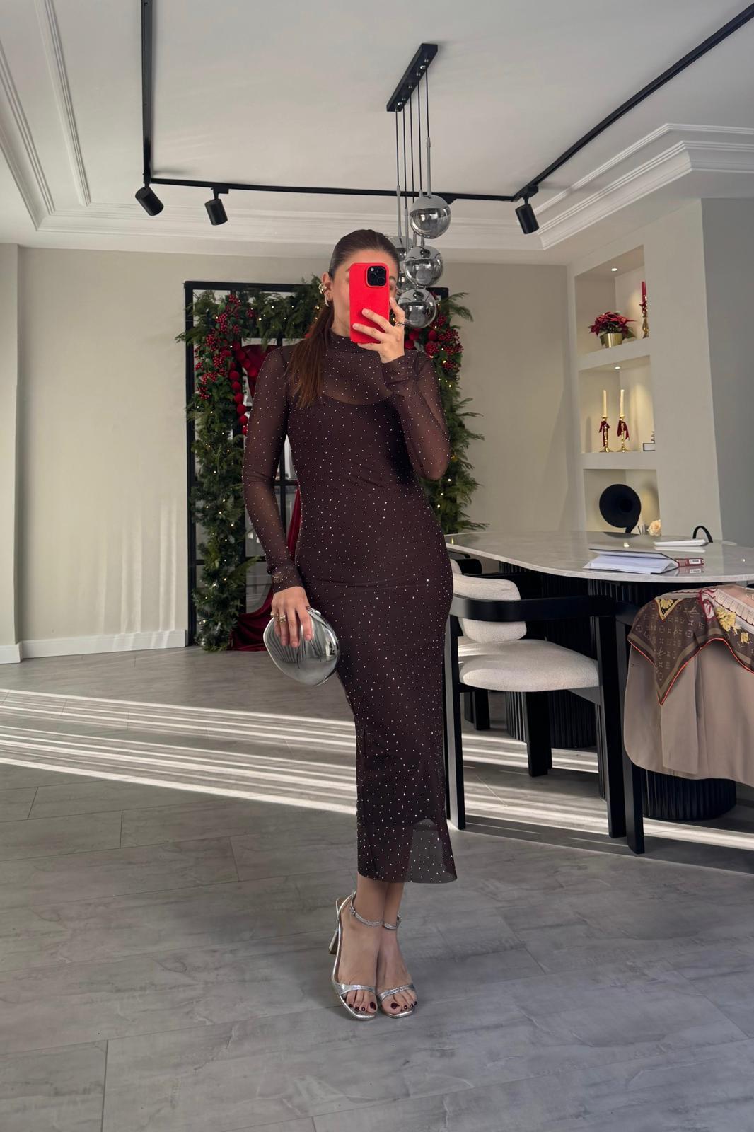 DİK YAKA MAKSİ TÜL ELBİSE/0834