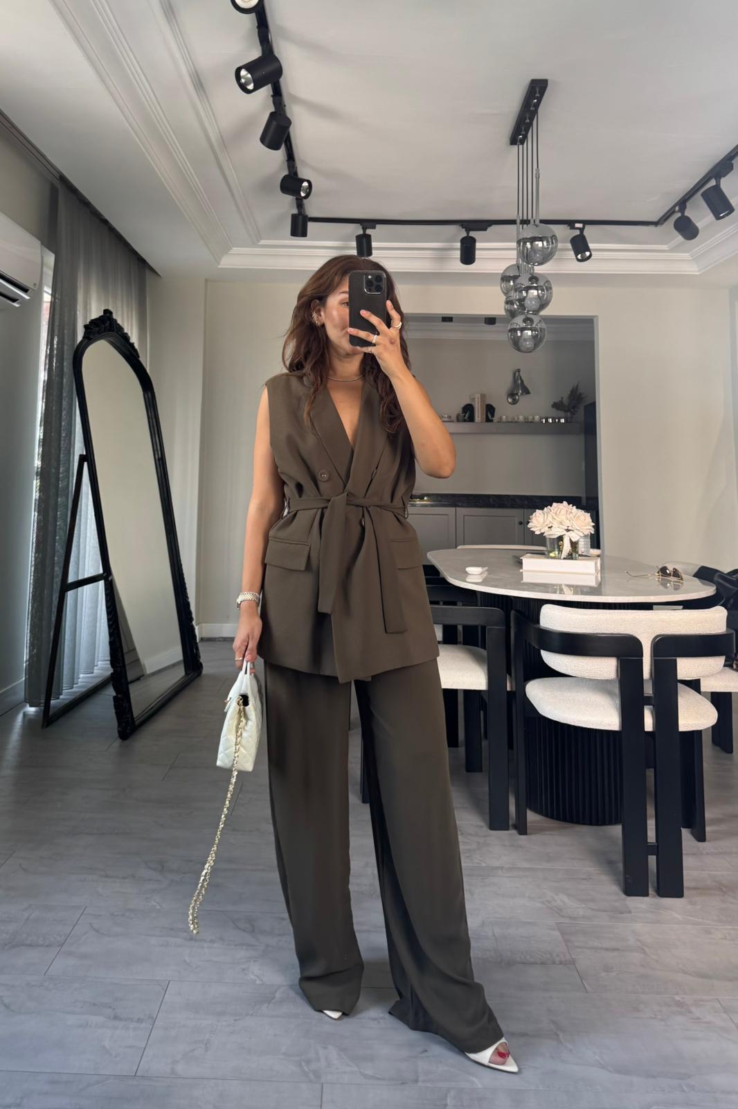 KUŞAKLI YELEK KUMAŞ TAKIM/9413