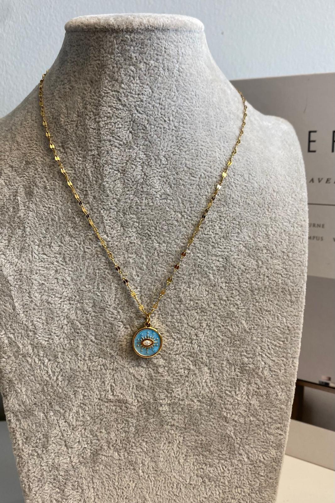 GÖZ MOTİFLİ MAVİ PLAKA KOLYE