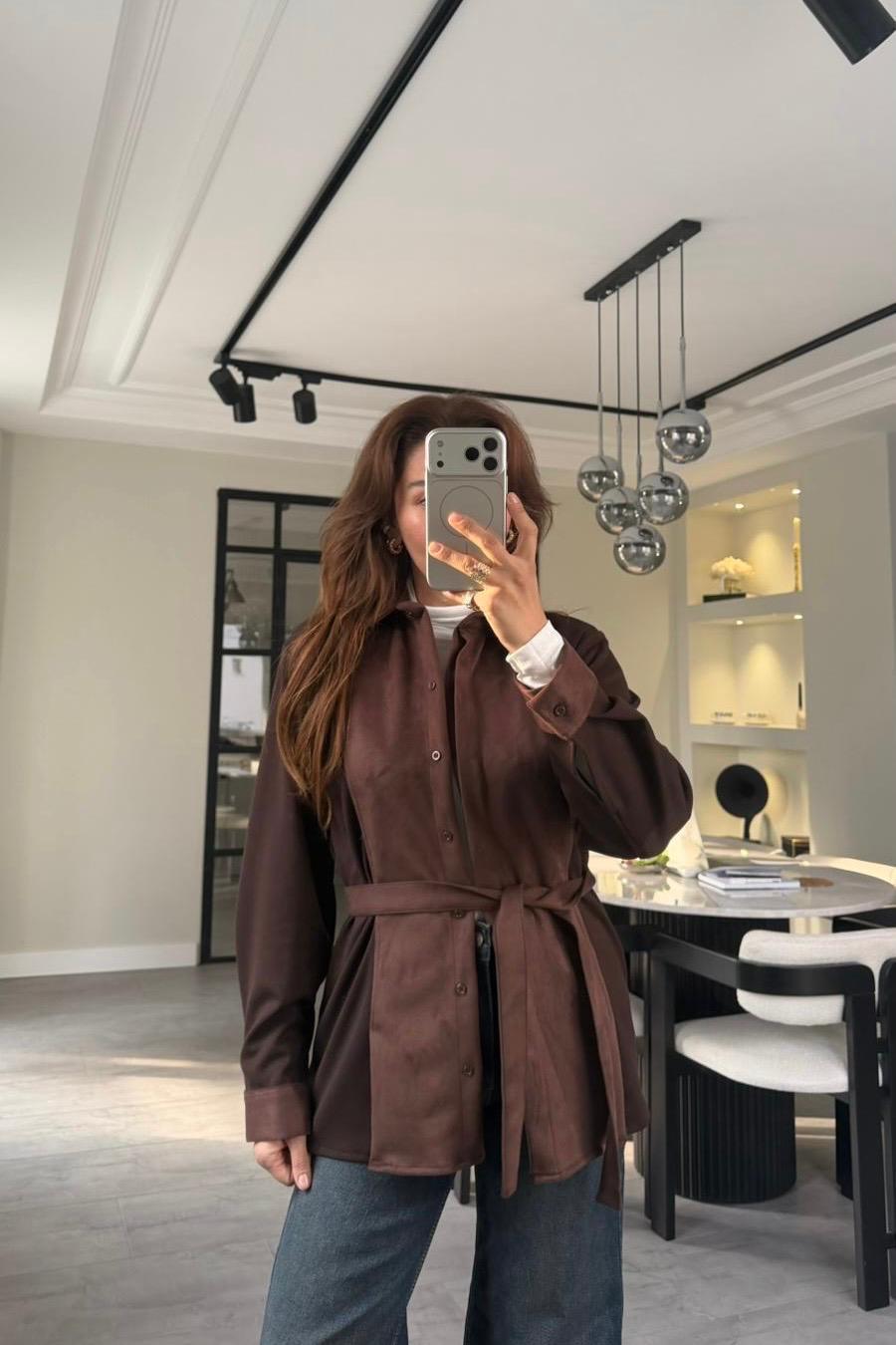 ÖNÜ SÜET DETAY KUŞAKLI CEKET