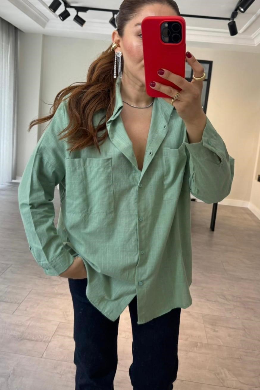 FLAMLI KETEN OVERSİZE GÖMLEK/Y139