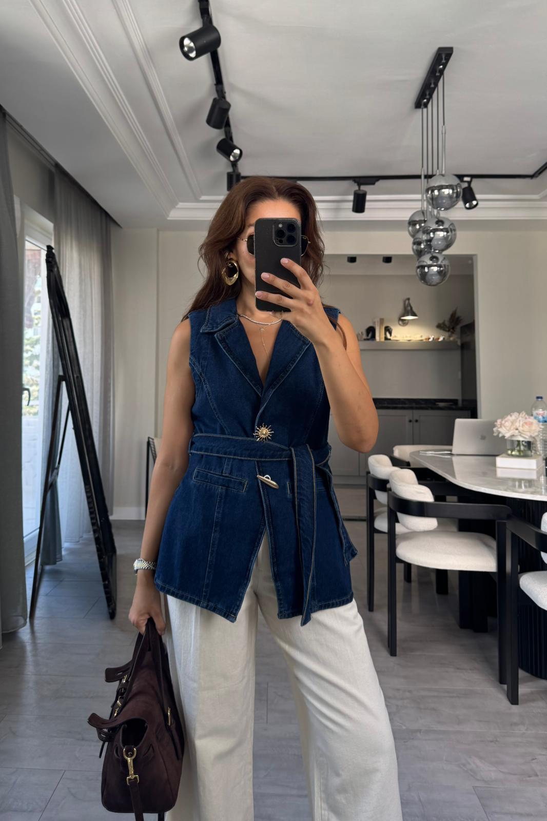 GEOMETRİK DÜĞMELİ DENİM YELEK/22541