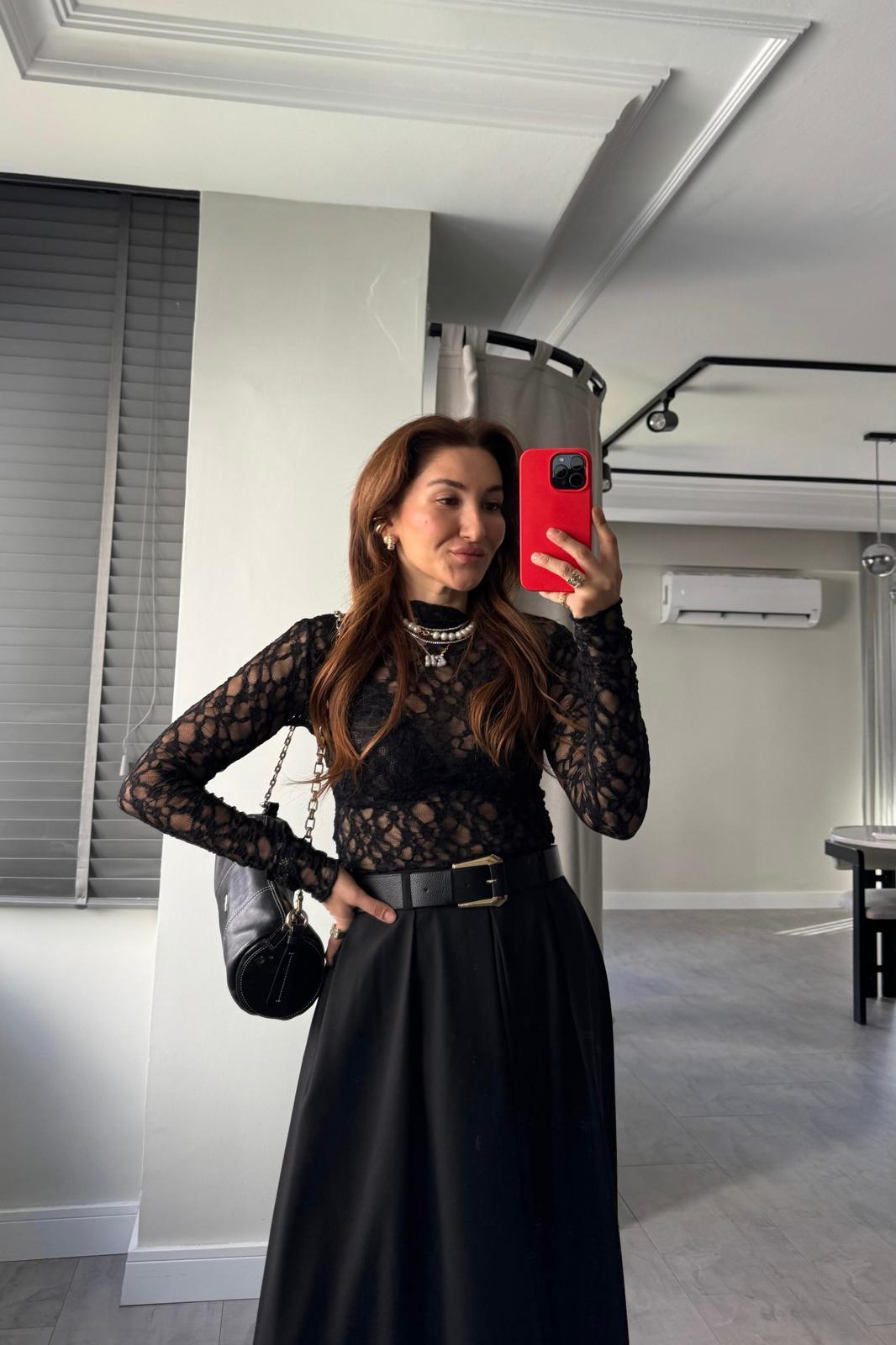 DİK YAKA DANTEL TRANSPARAN BLUZ/0359