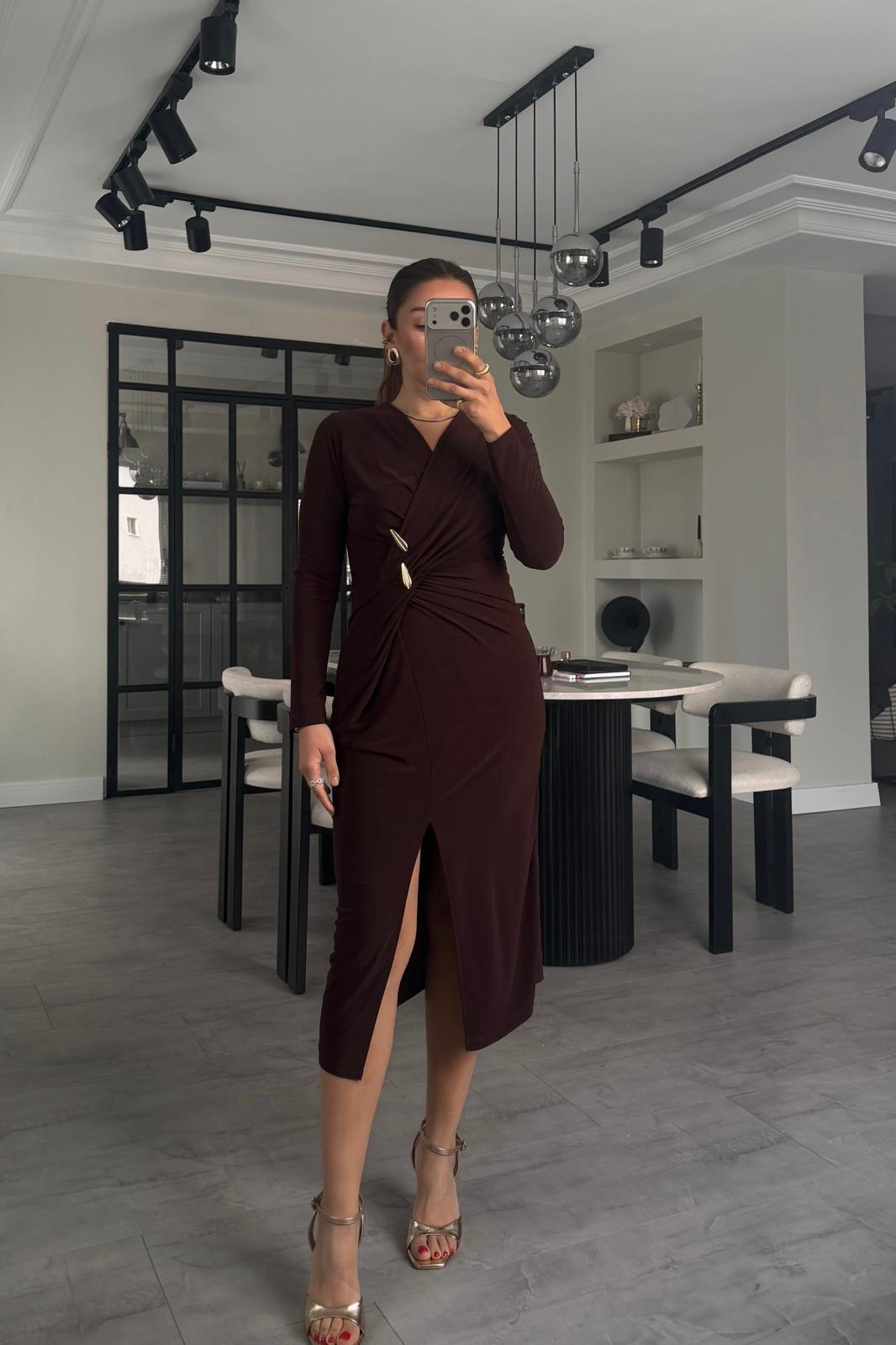 GOLD TOKALI YIRTMAÇLI MAKSİ ELBİSE/7731