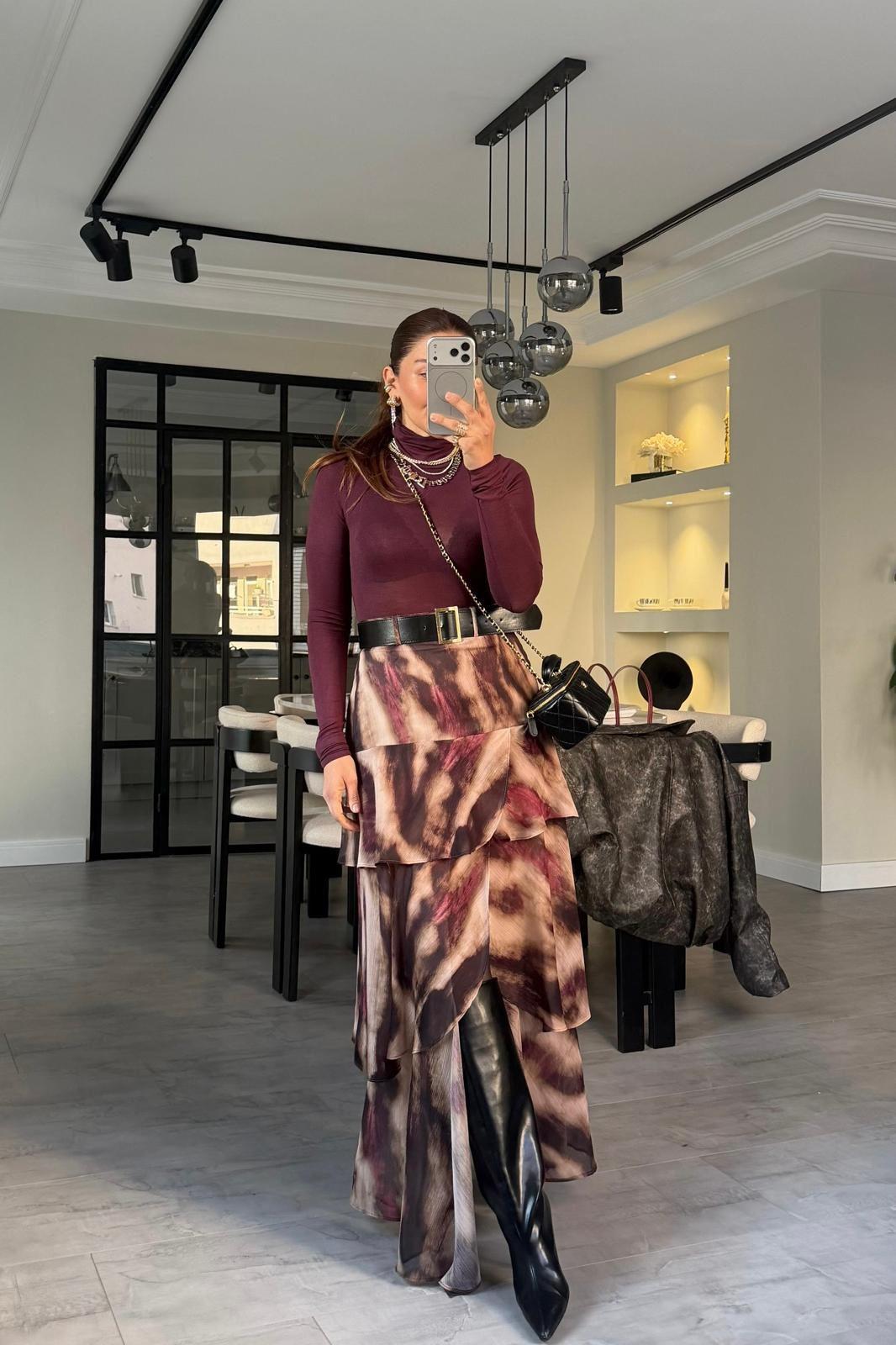 KEMERLİ KATLI ŞİFON MAKSİ ETEK/7736