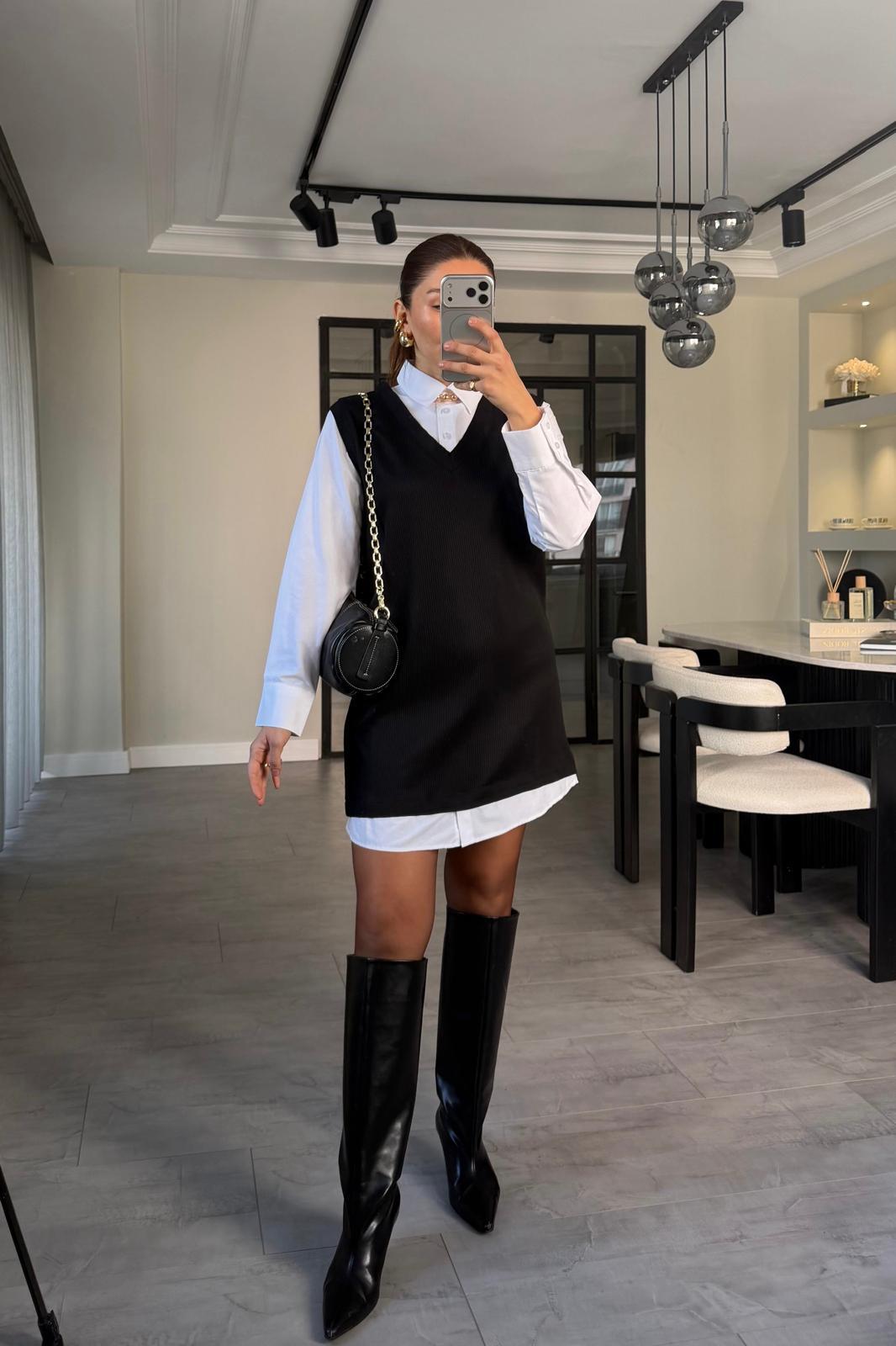 SİYAH BEYAZ GÖMLEK ELBİSE/8242