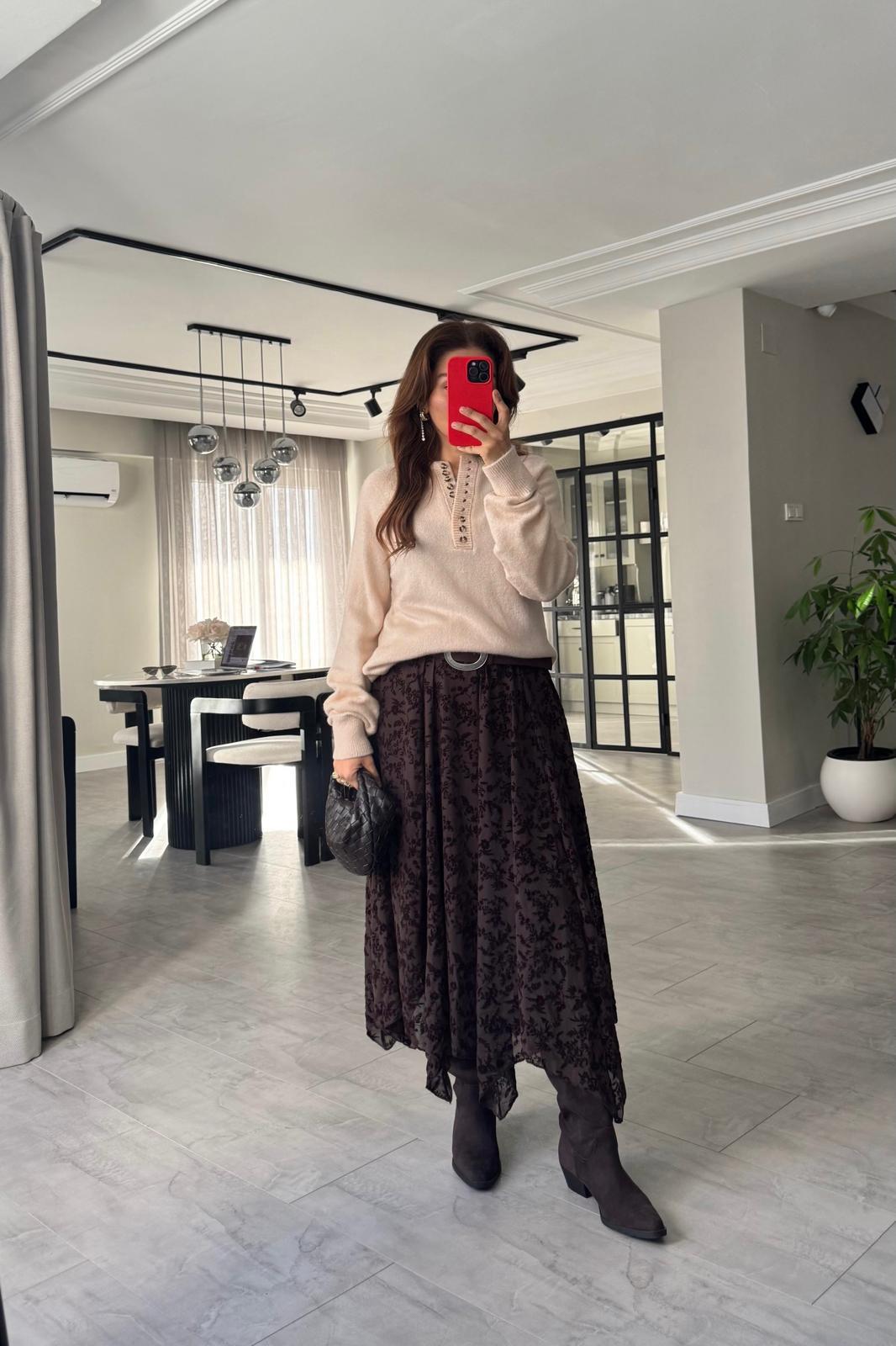 BELİ LASTİKLİ GÜPÜR İŞLEMELİ ETEK