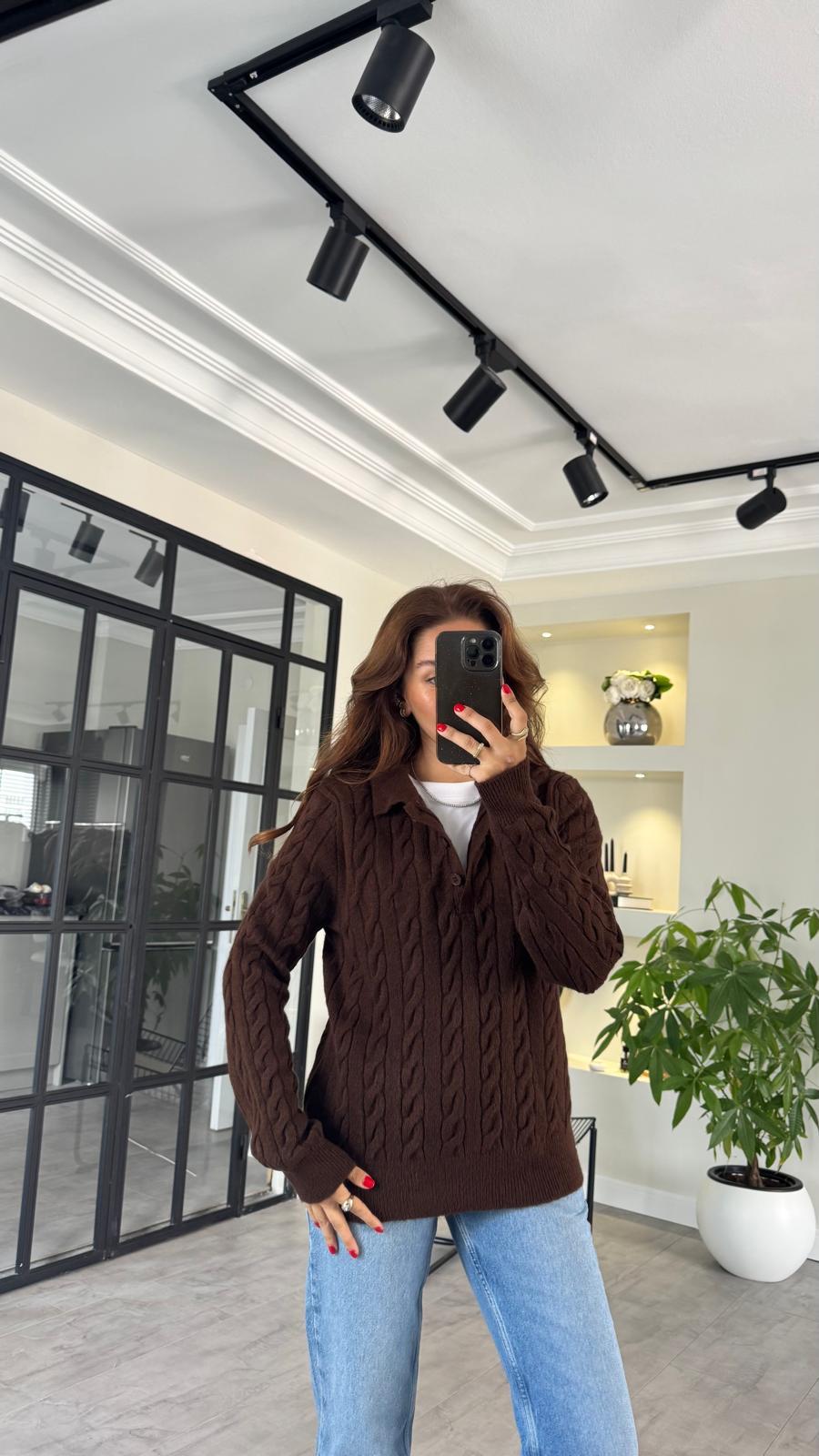 POLO YAKA SAÇ ÖRGÜLÜ KAZAK/10145