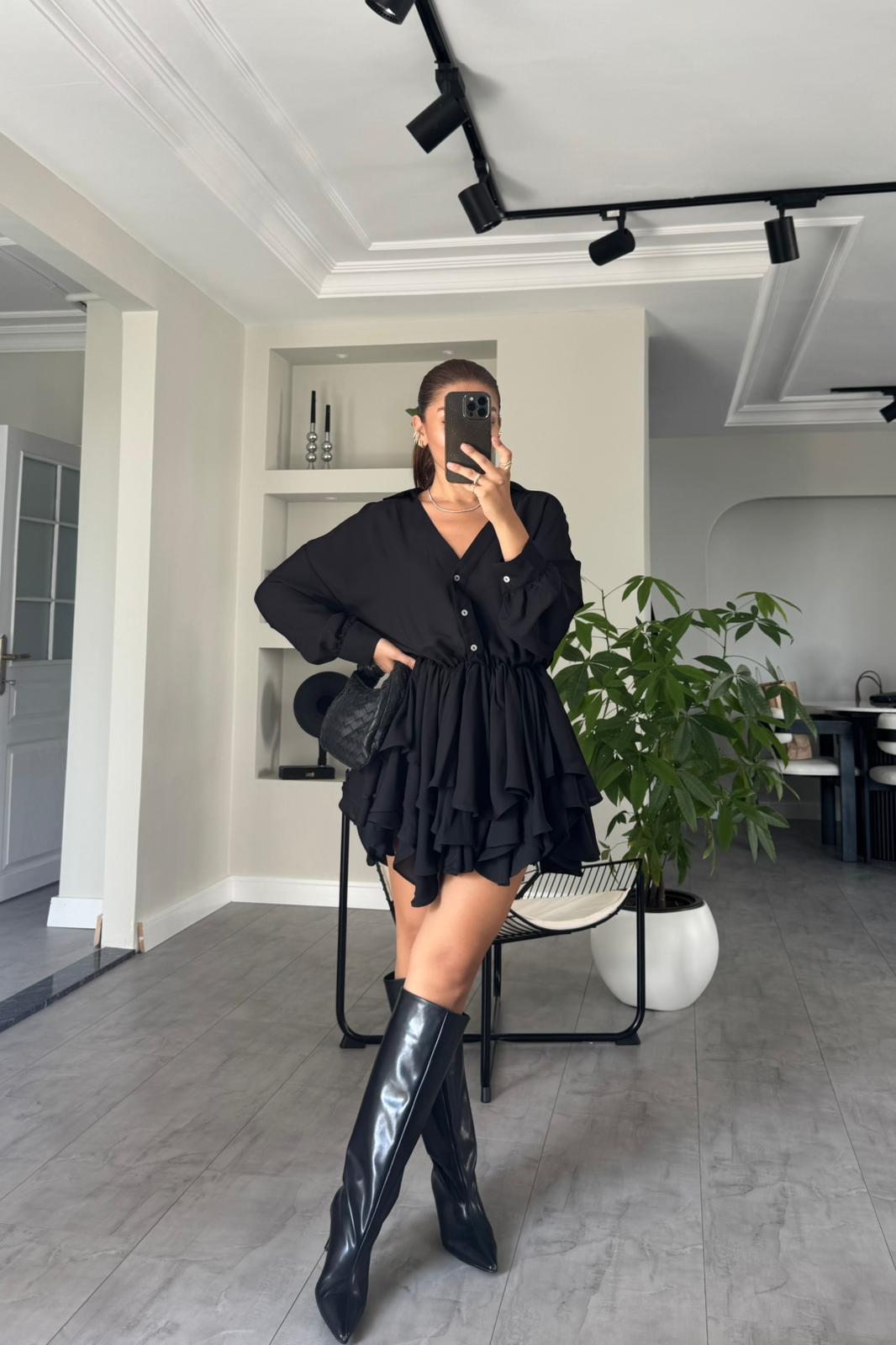 V YAKA FIRFIRLI MİNİ ŞİFON ELBİSE/8270