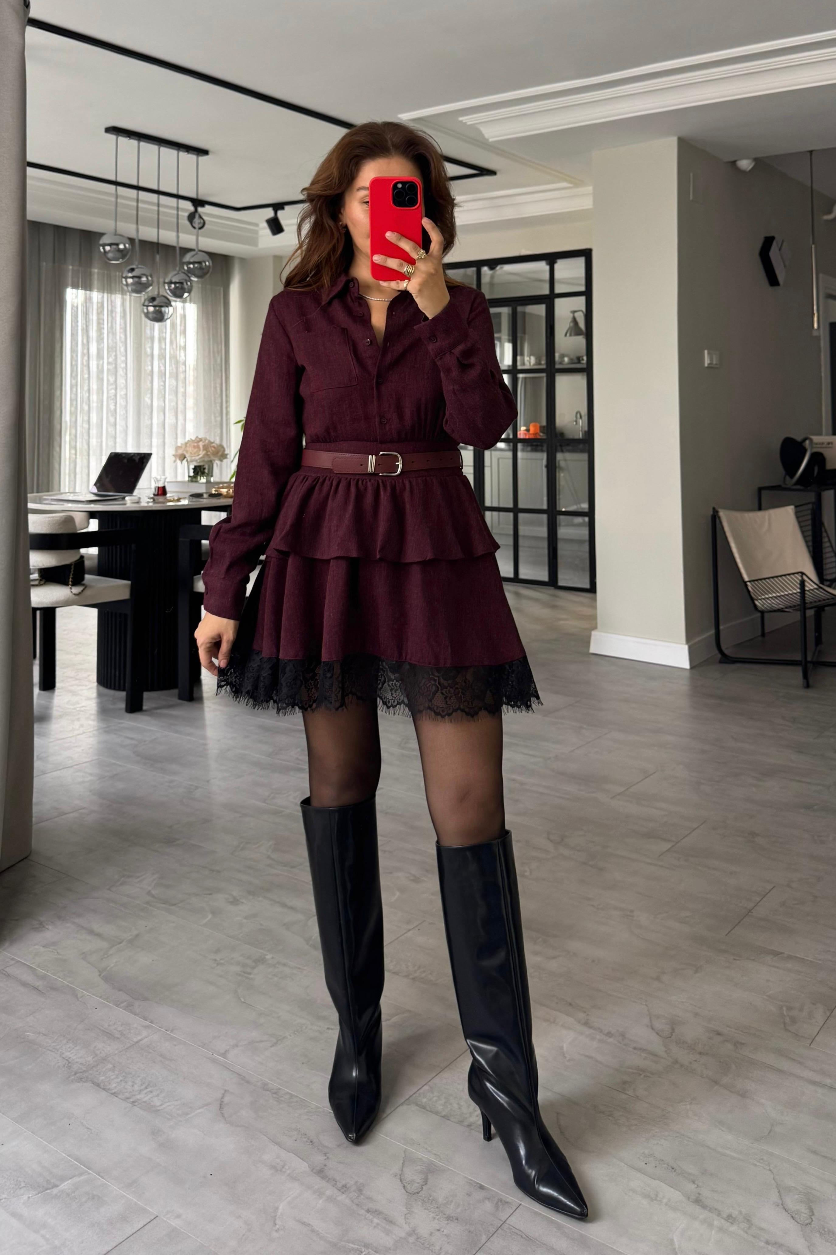 KEMERLİ ETEK UCU DETAYLI GÖMLEK ELBİSE/7626