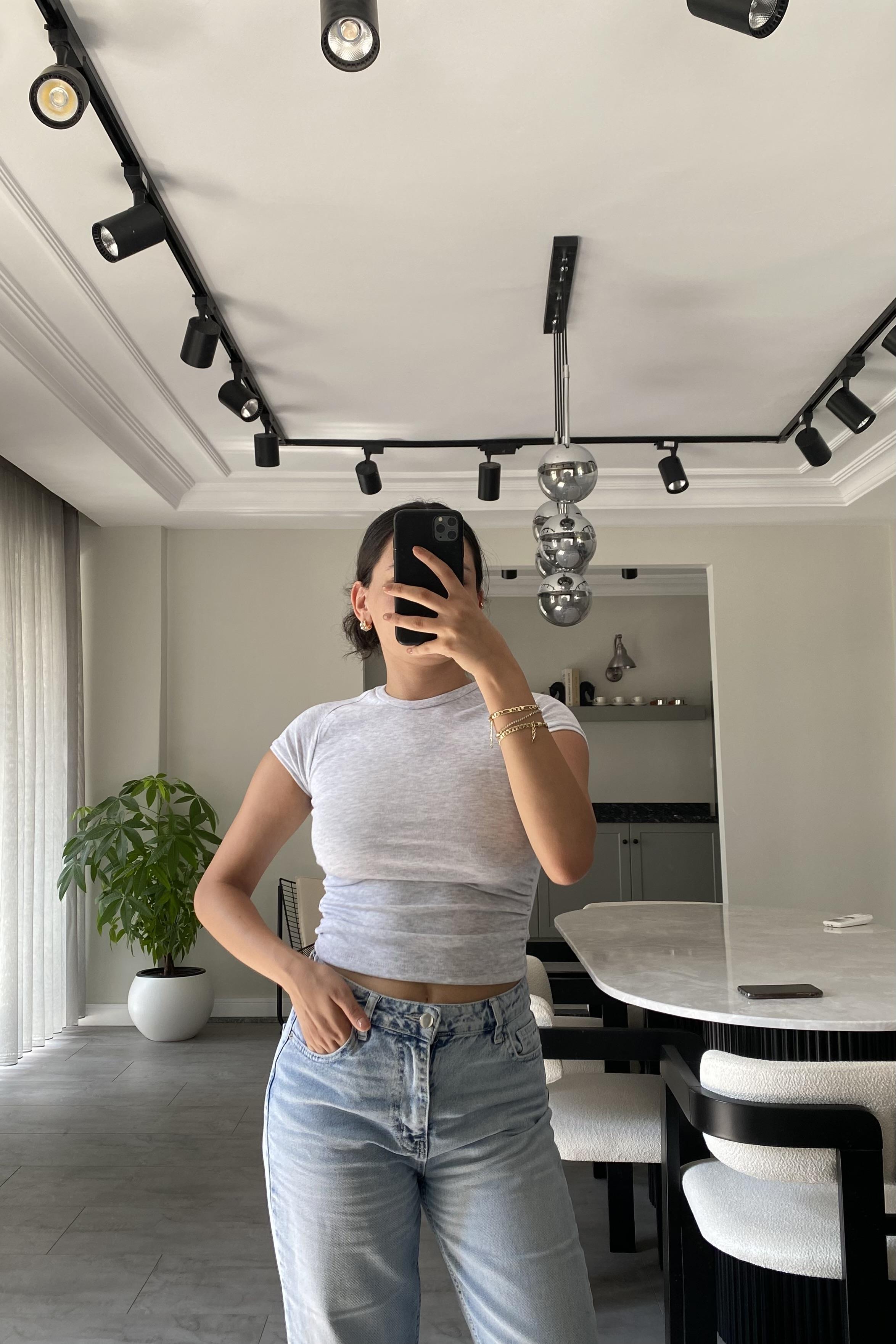 YANI BÜZGÜLÜ DÜŞÜK KOL T-SHİRT/3664