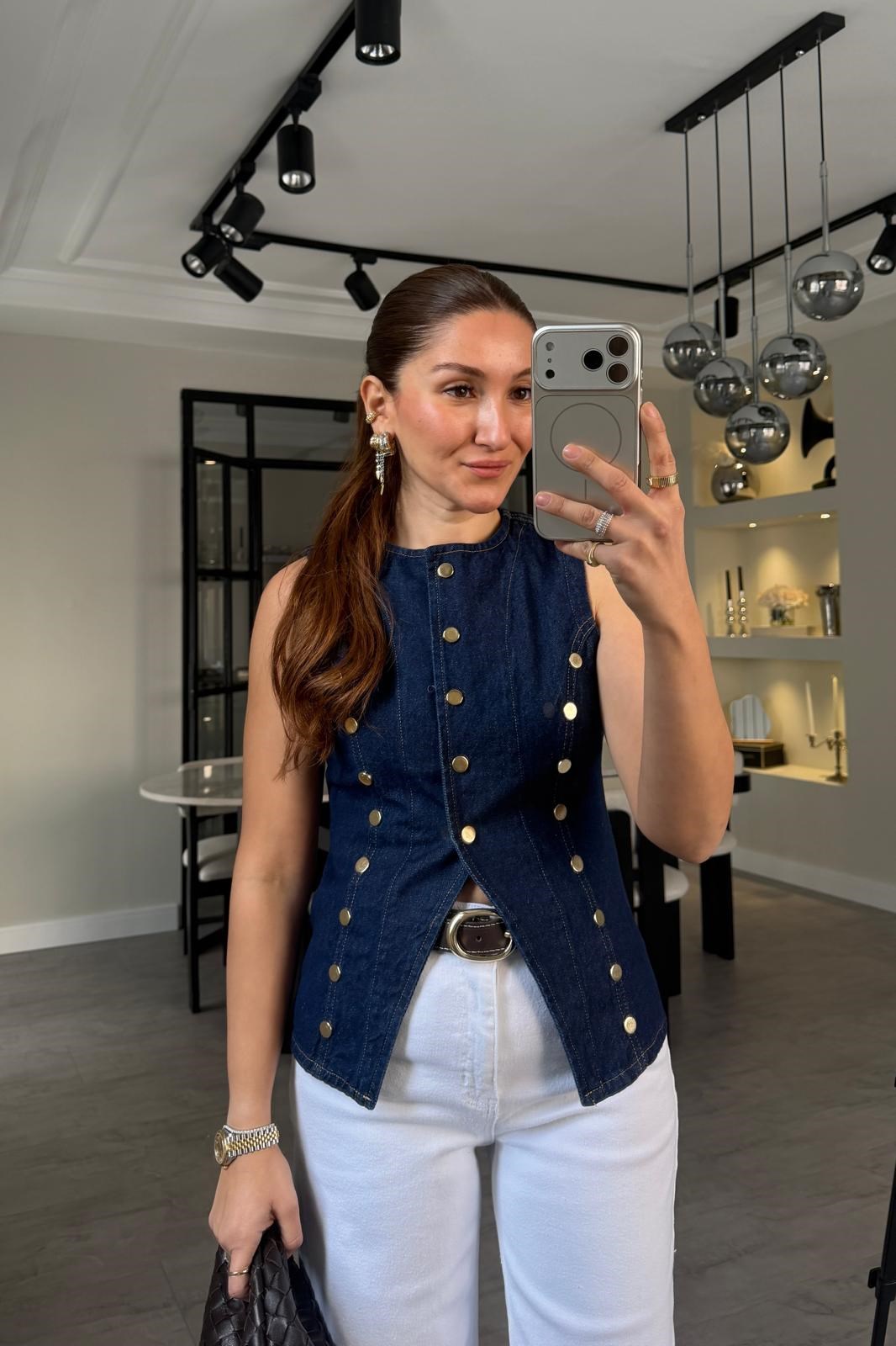 GOLD ÇITÇITLI DENİM YELEK/1446