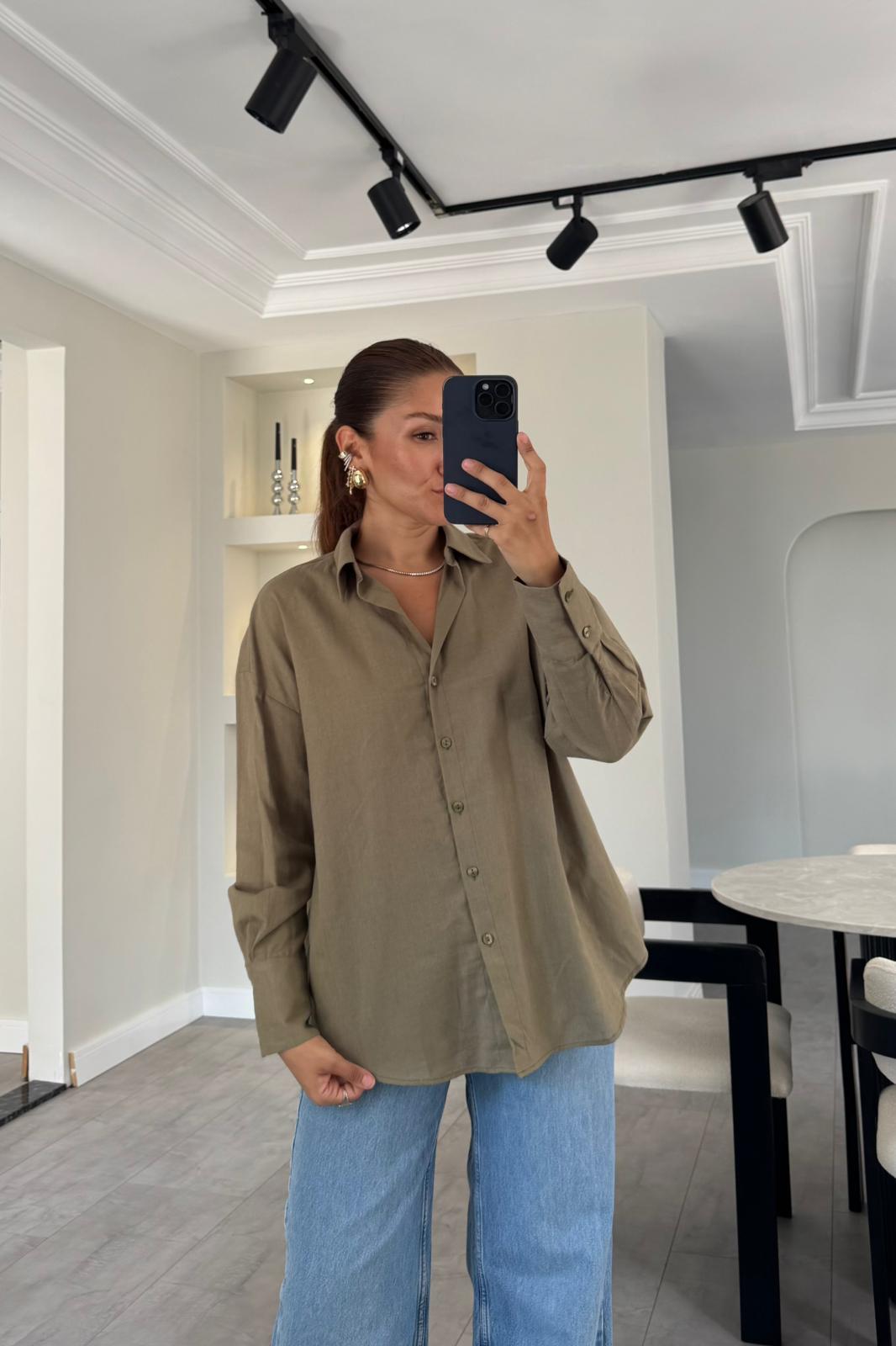 V YAKA OVERSİZE KETEN GÖMLEK