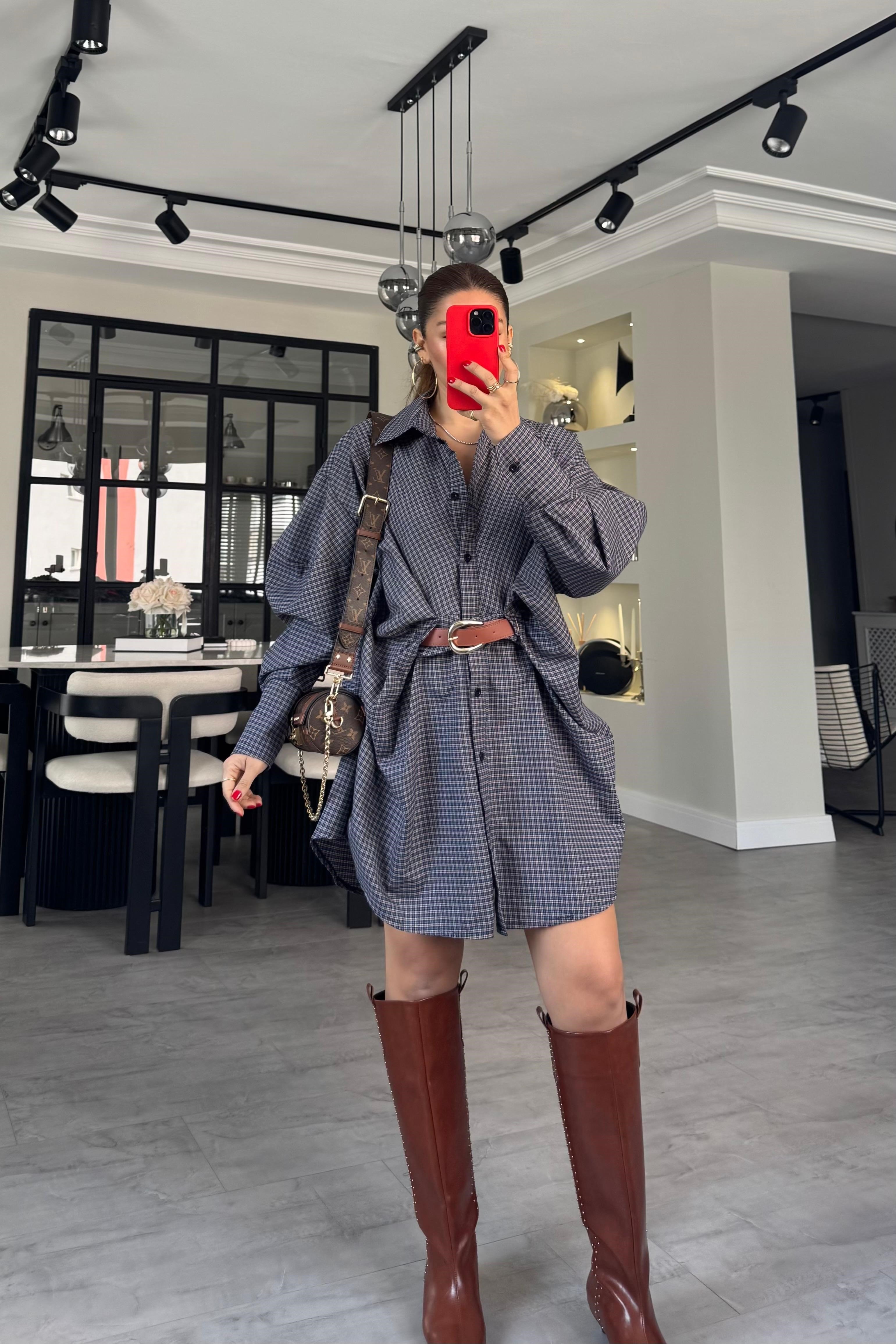 EKOSE KEMERLİ GÖMLEK ELBİSE/7701