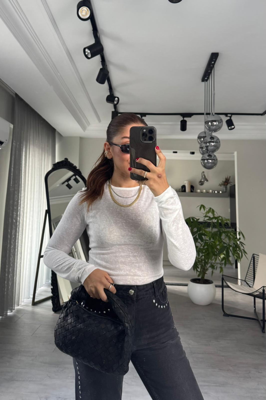 KENDİNDEN DOKULU TRANSPARAN BLUZ/1091