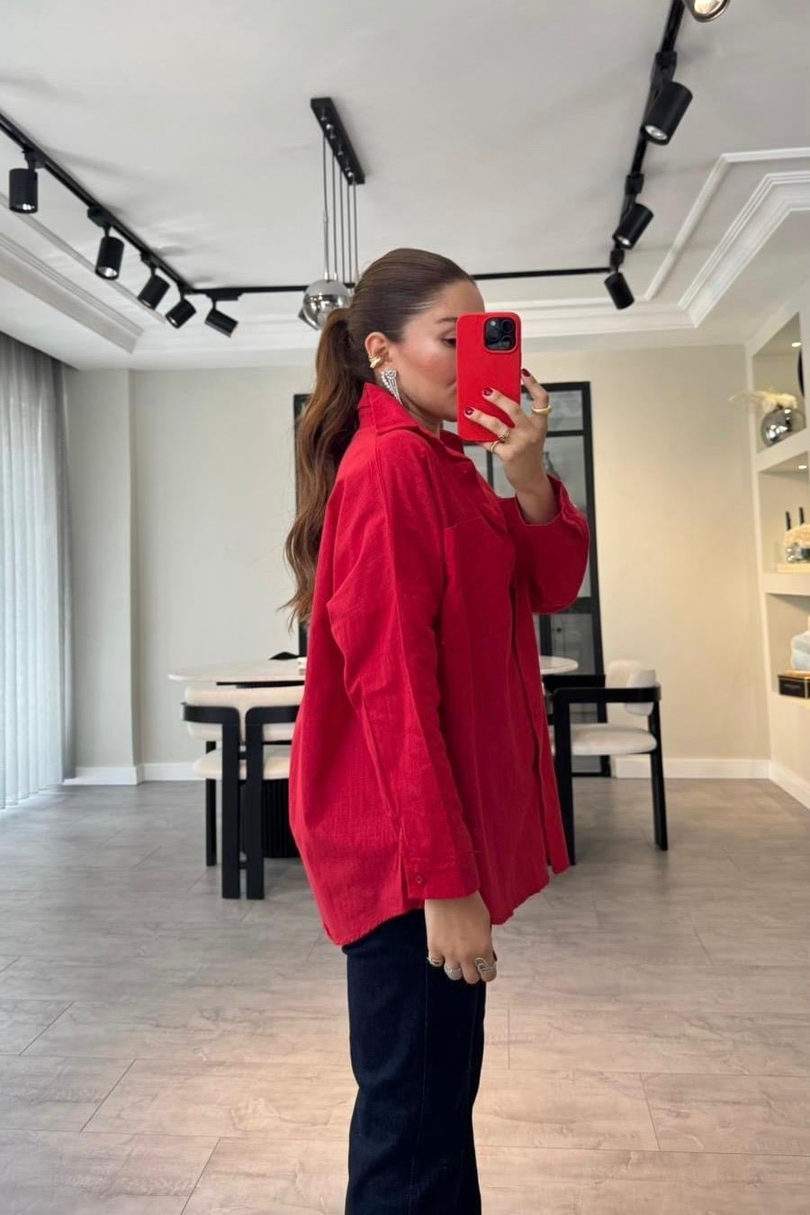 FLAMLI KETEN OVERSİZE GÖMLEK/Y139