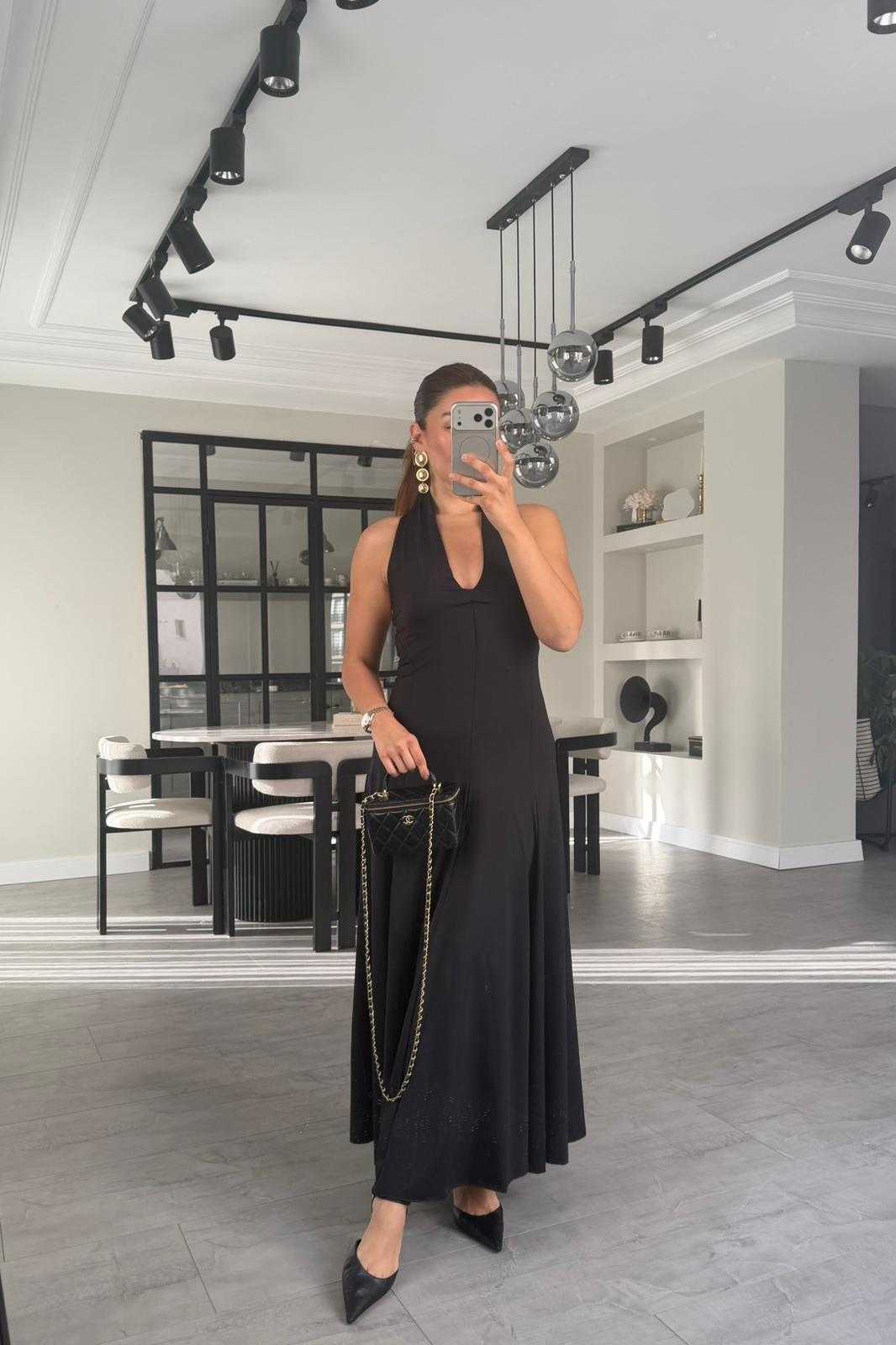 DALGIÇ KUMAŞ BOYUNDAN GEÇMELİ ELBİSE/K147