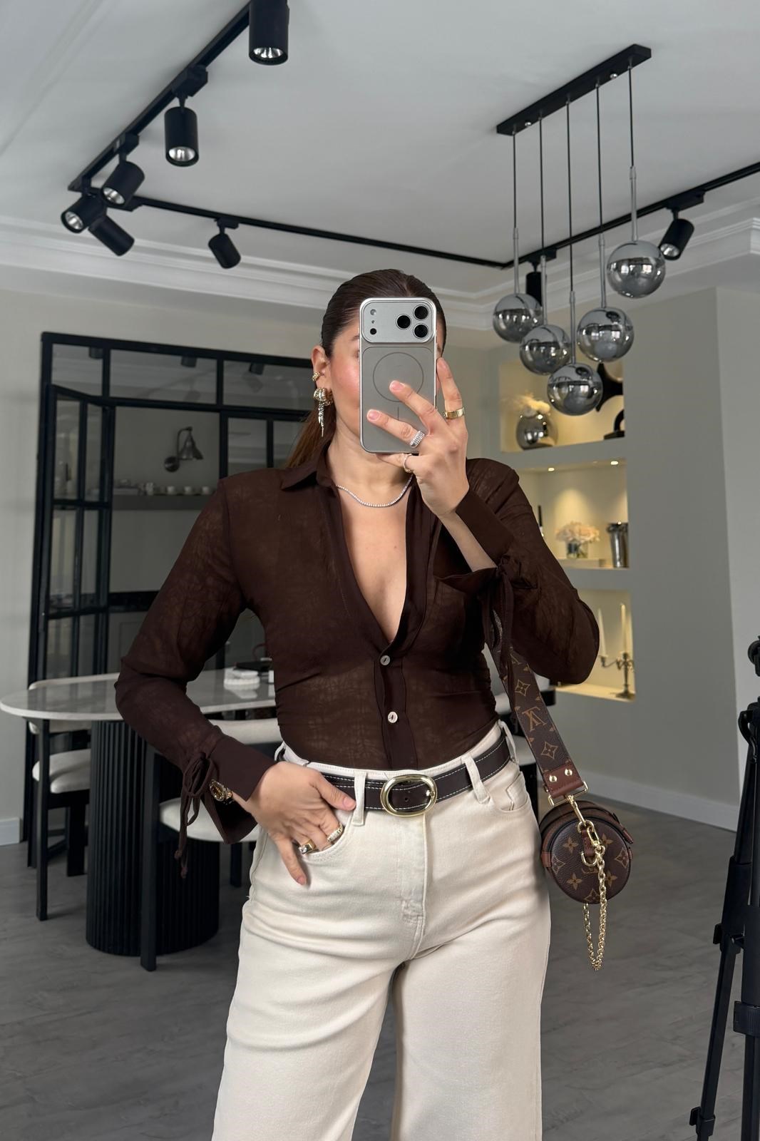 YANDAN DRAPELİ TRANSPARAN GÖMLEK/0865