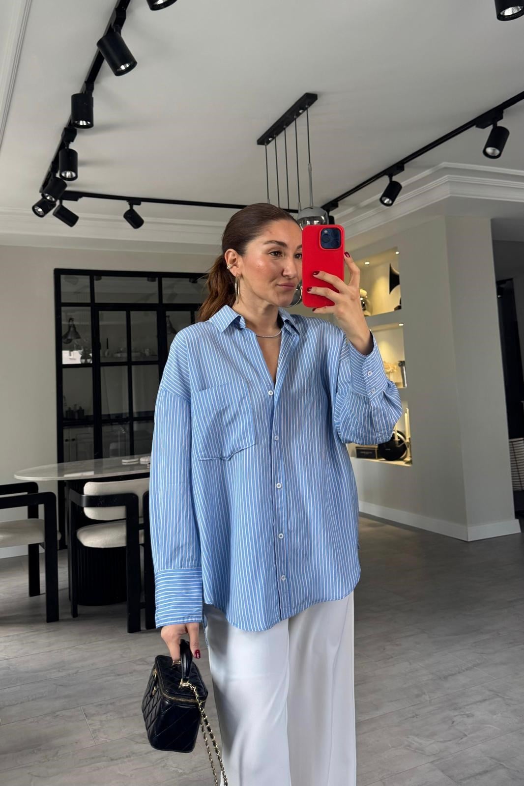 VİSKON OVERSİZE ÇİZGİLİ GÖMLEK/00701