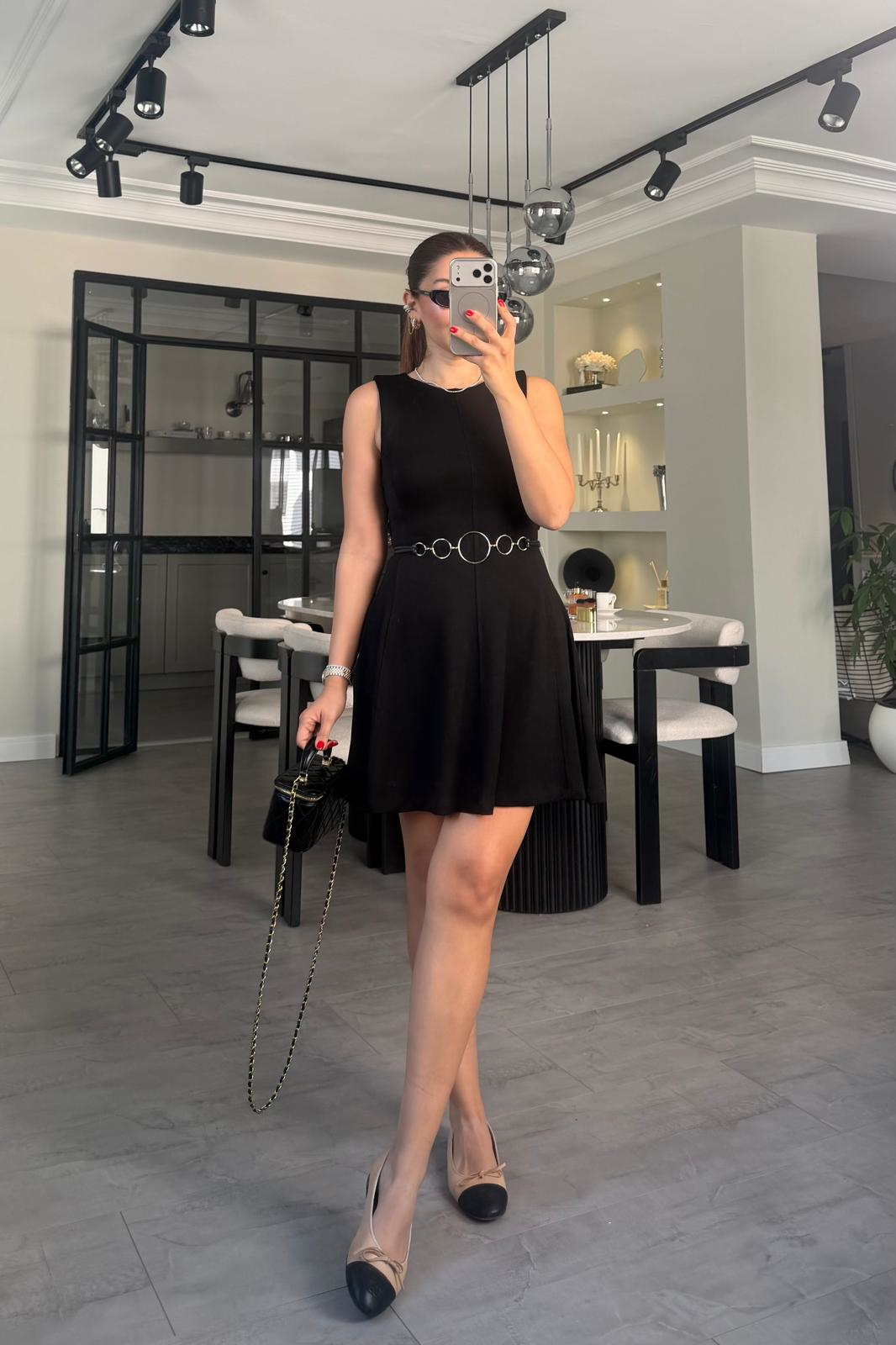 KOLSUZ DERİ KEMERLİ MİNİ ELBİSE/11501