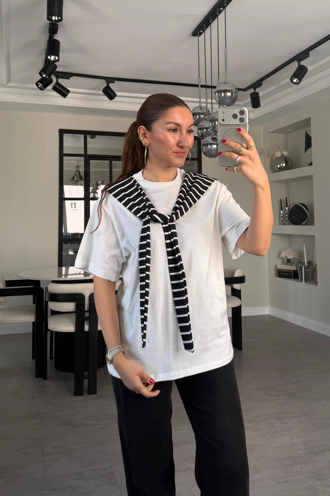 KENDİNDEN FULARLI BASİC T-SHİRT/2965