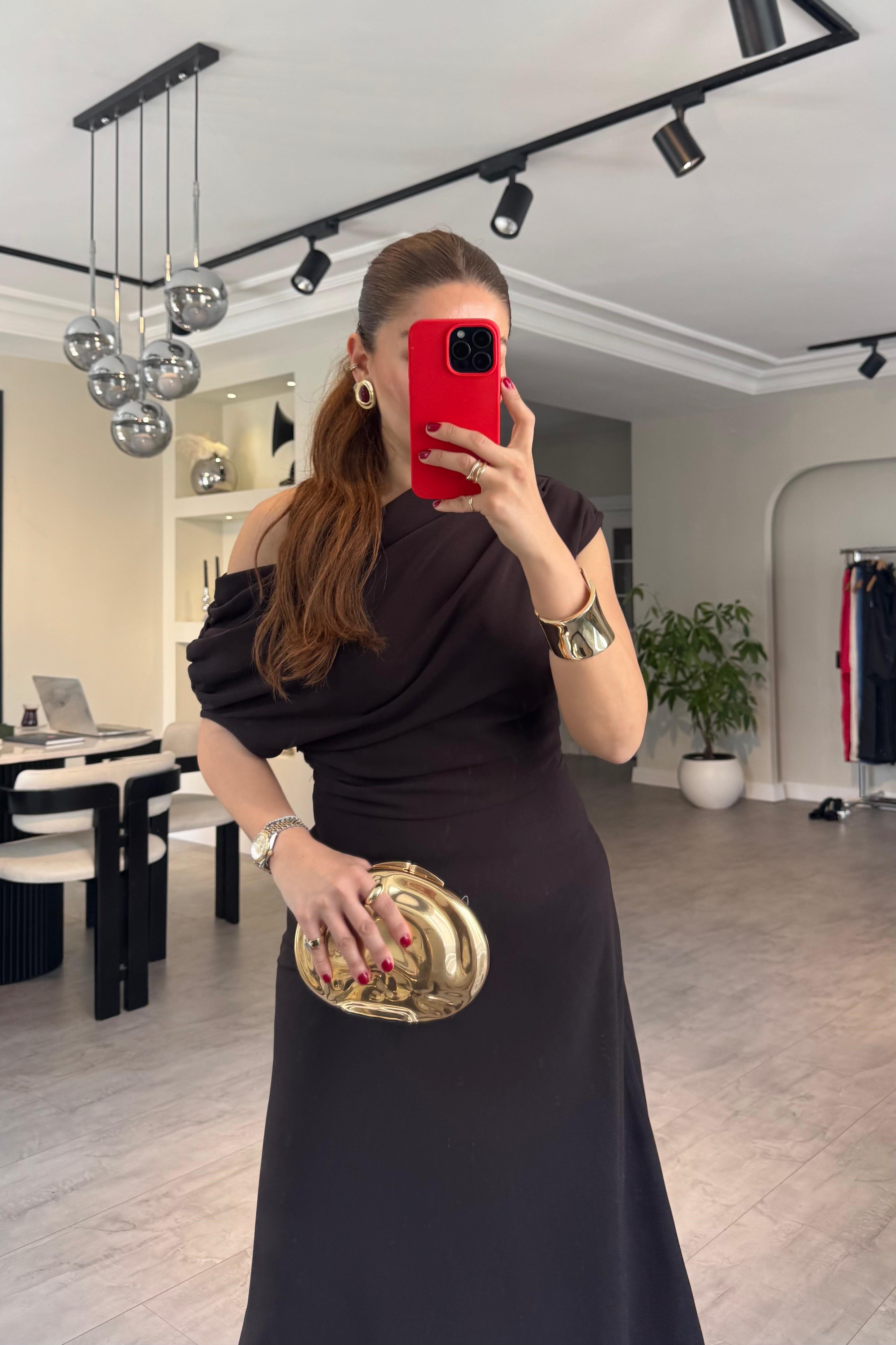 OMUZ BÜZGÜLÜ ASİMETRİK ELBİSE/6190