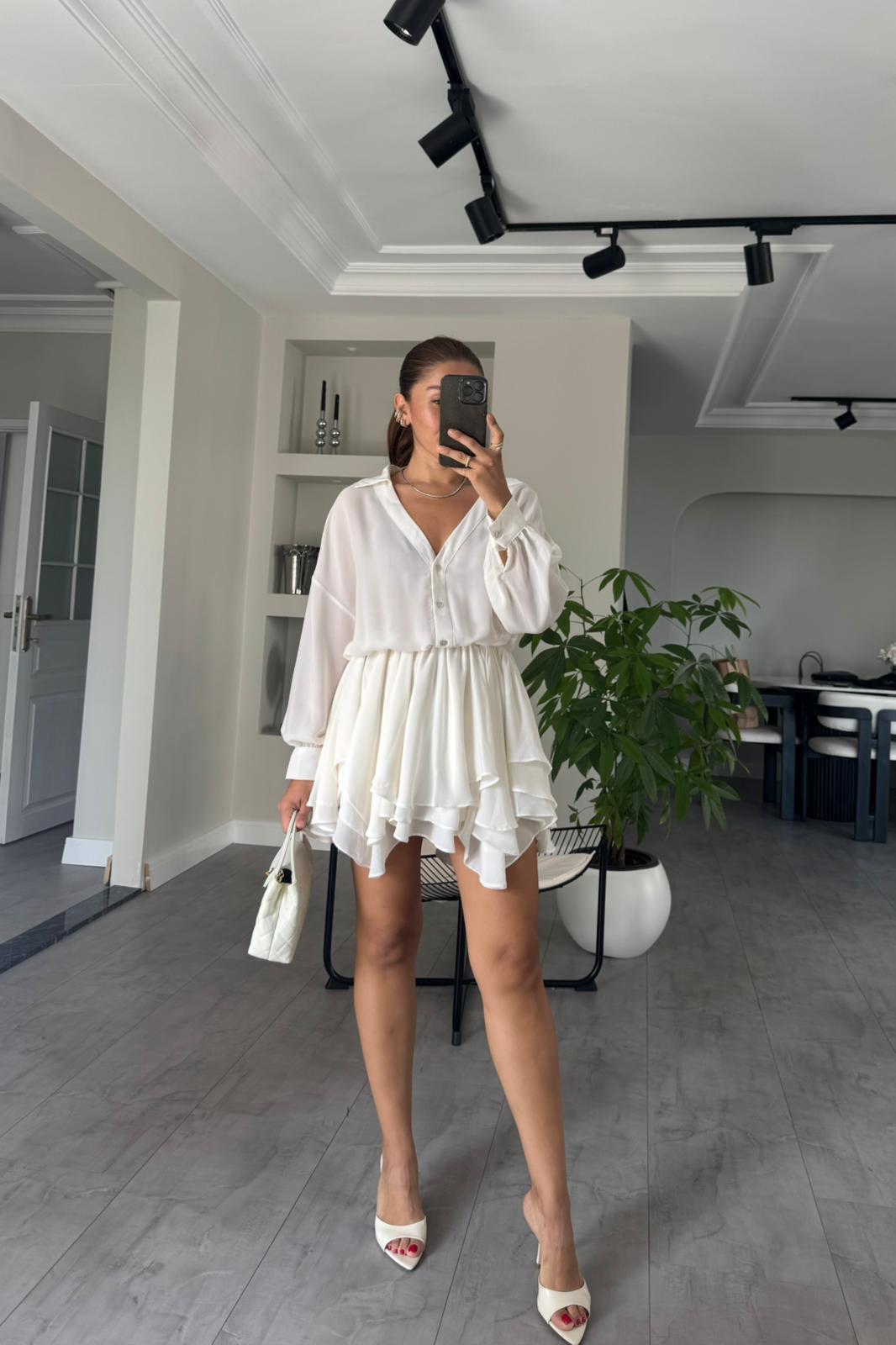 V YAKA FIRFIRLI MİNİ ŞİFON ELBİSE/8270