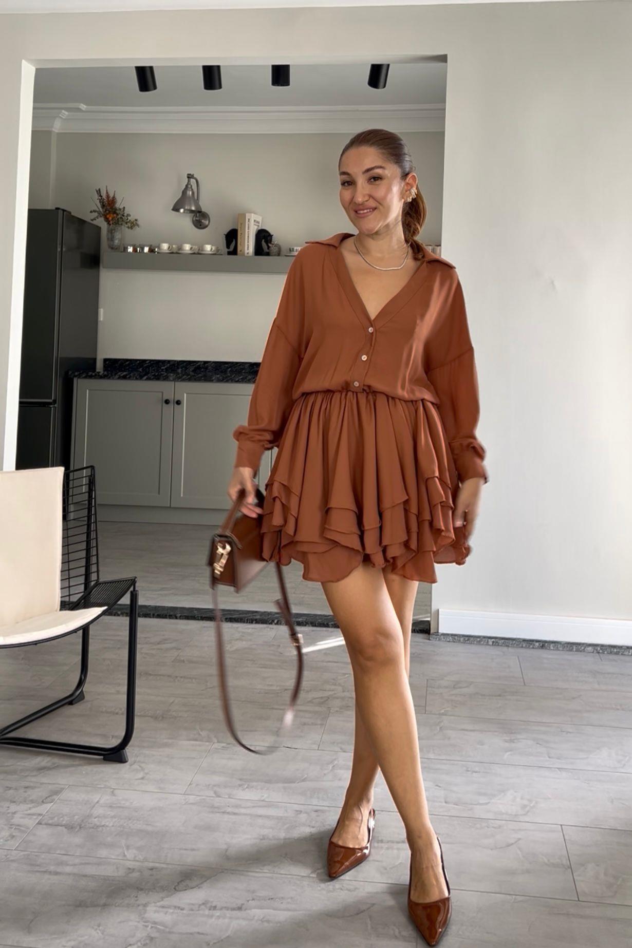 V YAKA FIRFIRLI MİNİ ŞİFON ELBİSE/8270