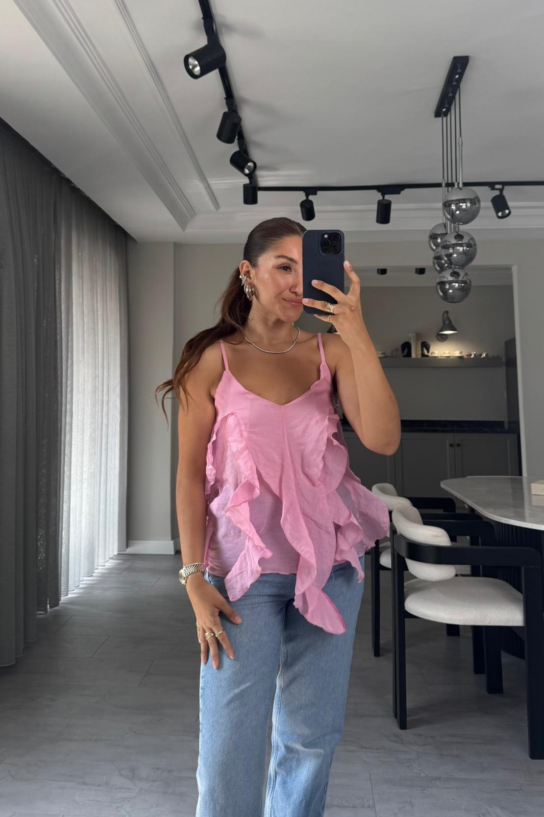 İP ASKILI FIRFIRLI BLUZ