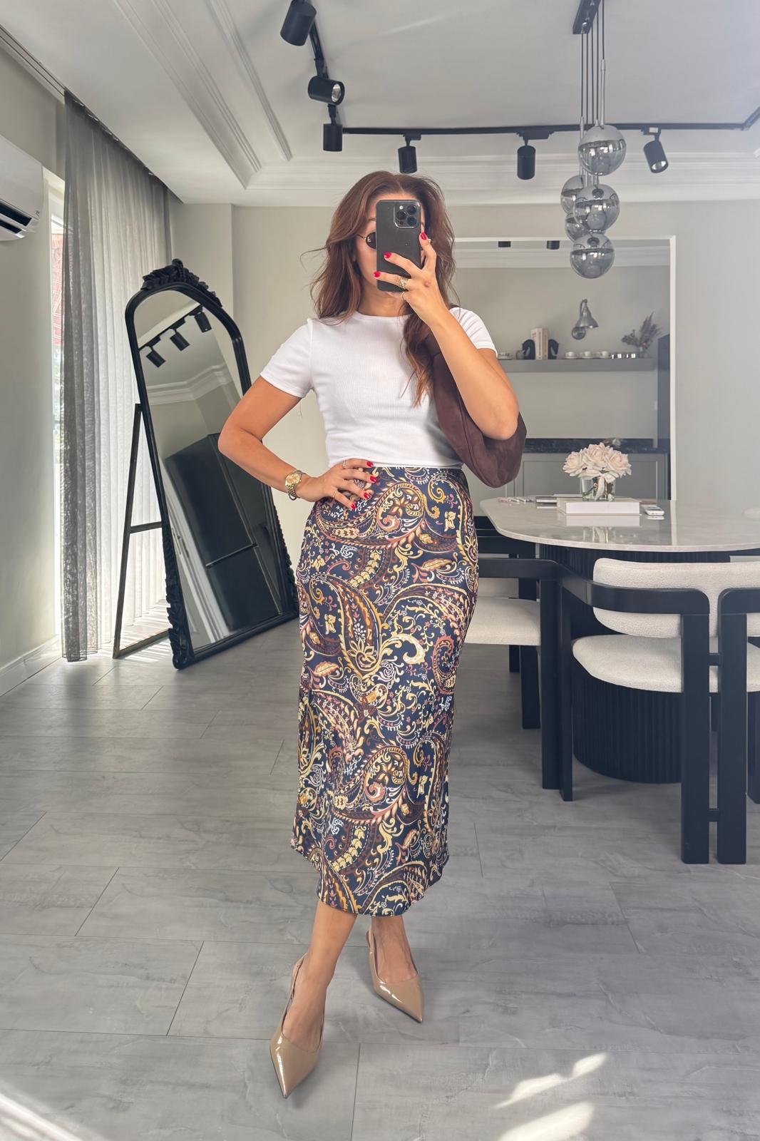 BELİ LASTİKLİ DESENLİ SATEN ETEK/36737