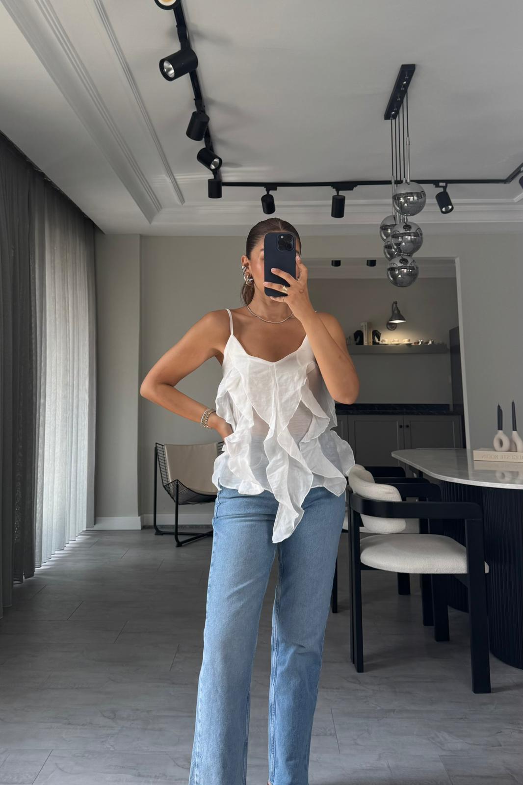 İP ASKILI FIRFIRLI BLUZ