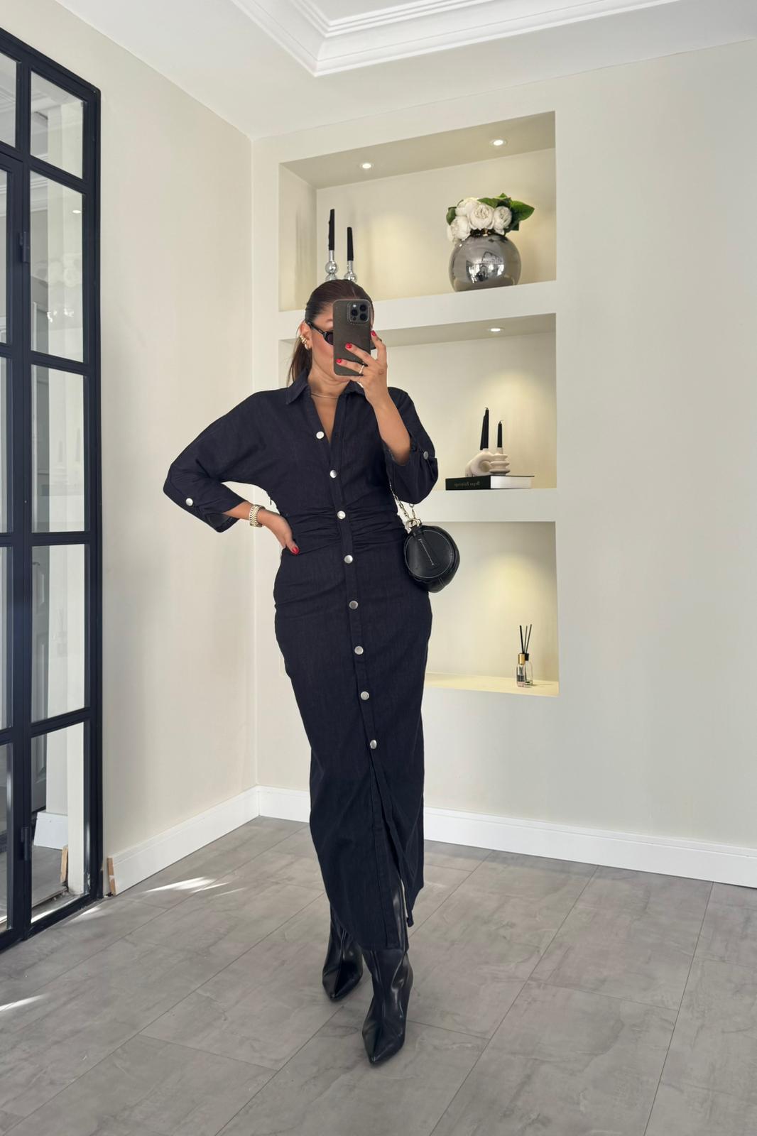 ÖNÜ DÜĞMELİ DRAPELİ DENİM ELBİSE/7524