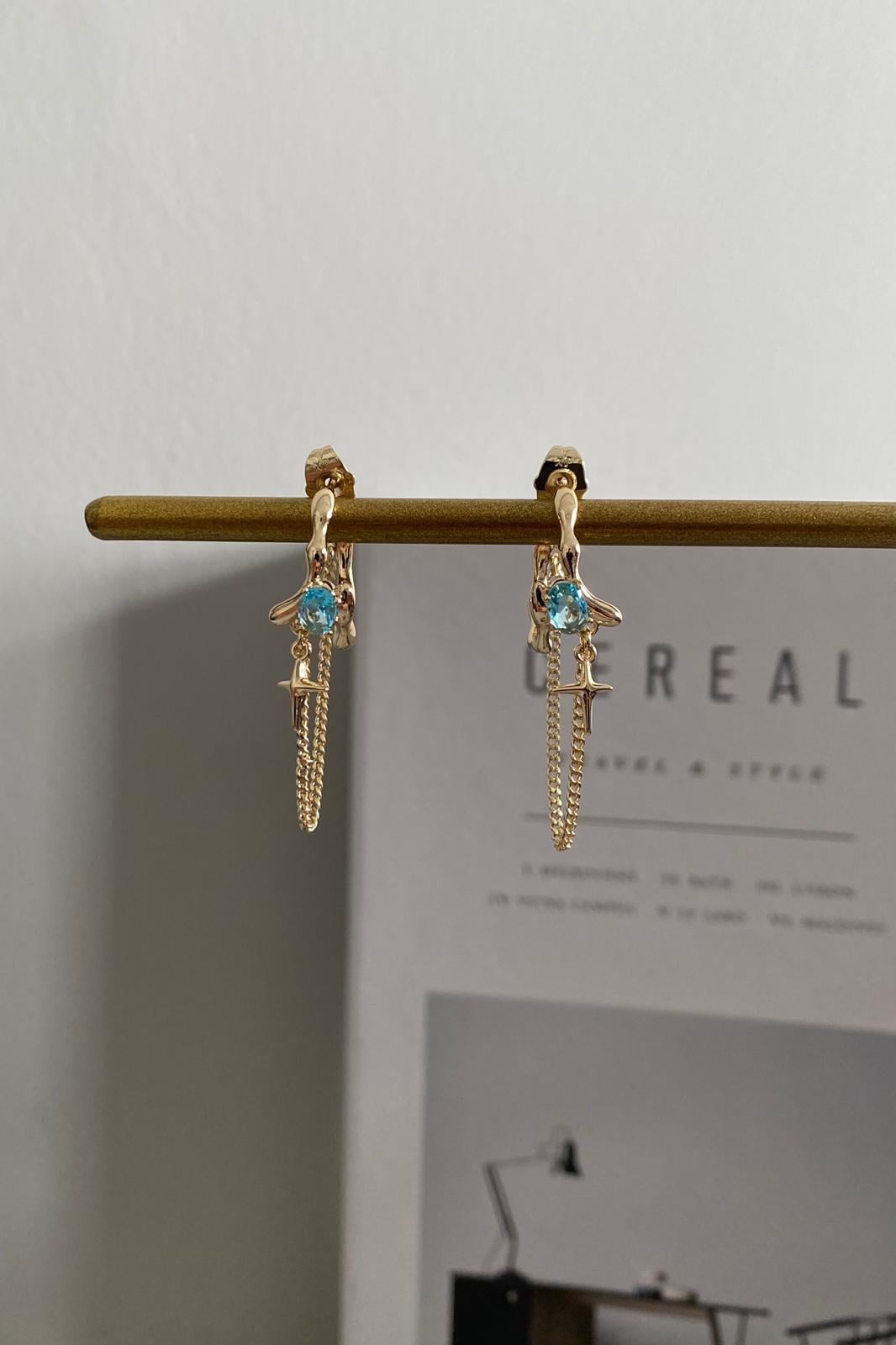 OVAL MAVİ TAŞLI ZİNCİR KÜPE