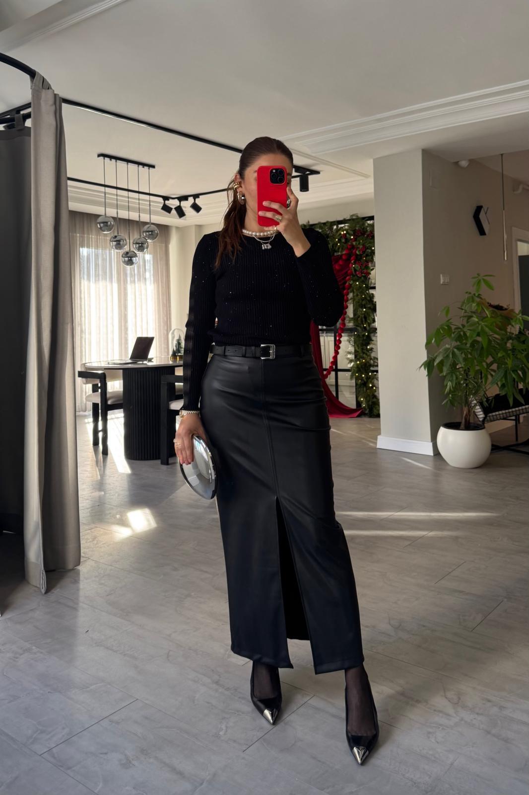 ÖNÜ YIRTMAÇLI MAXİ DERİ ETEK