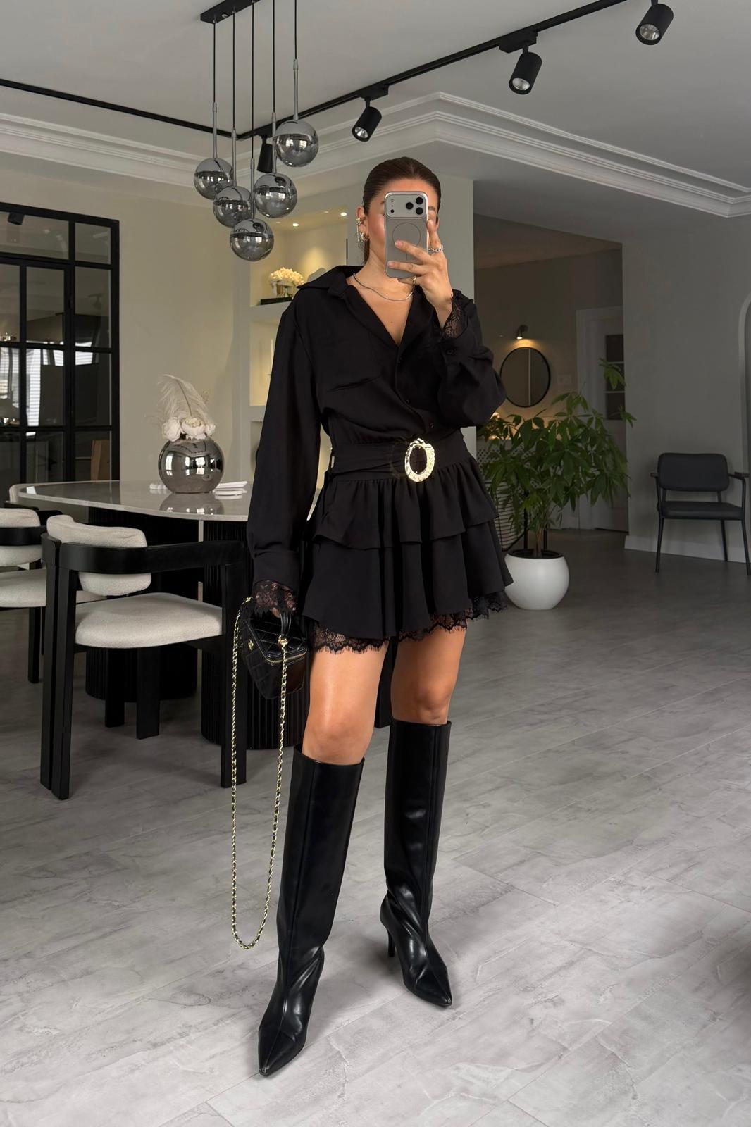 GOLD TOKALI DANTEL KATLI MİNİ ELBİSE/4866