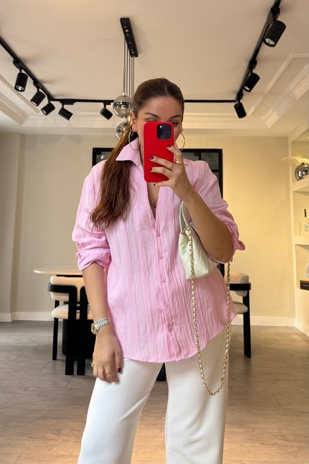 V YAKA FİLELİ OVERSİZE GÖMLEK/583