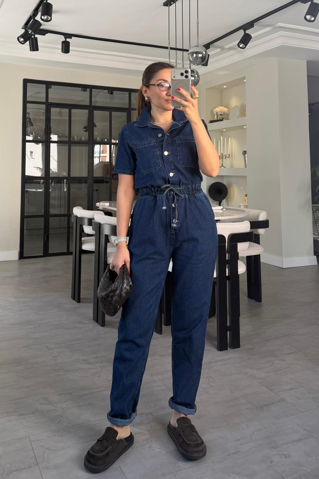 KISAKOL BELDEN LASTİKLİ DENİM TULUM/22451