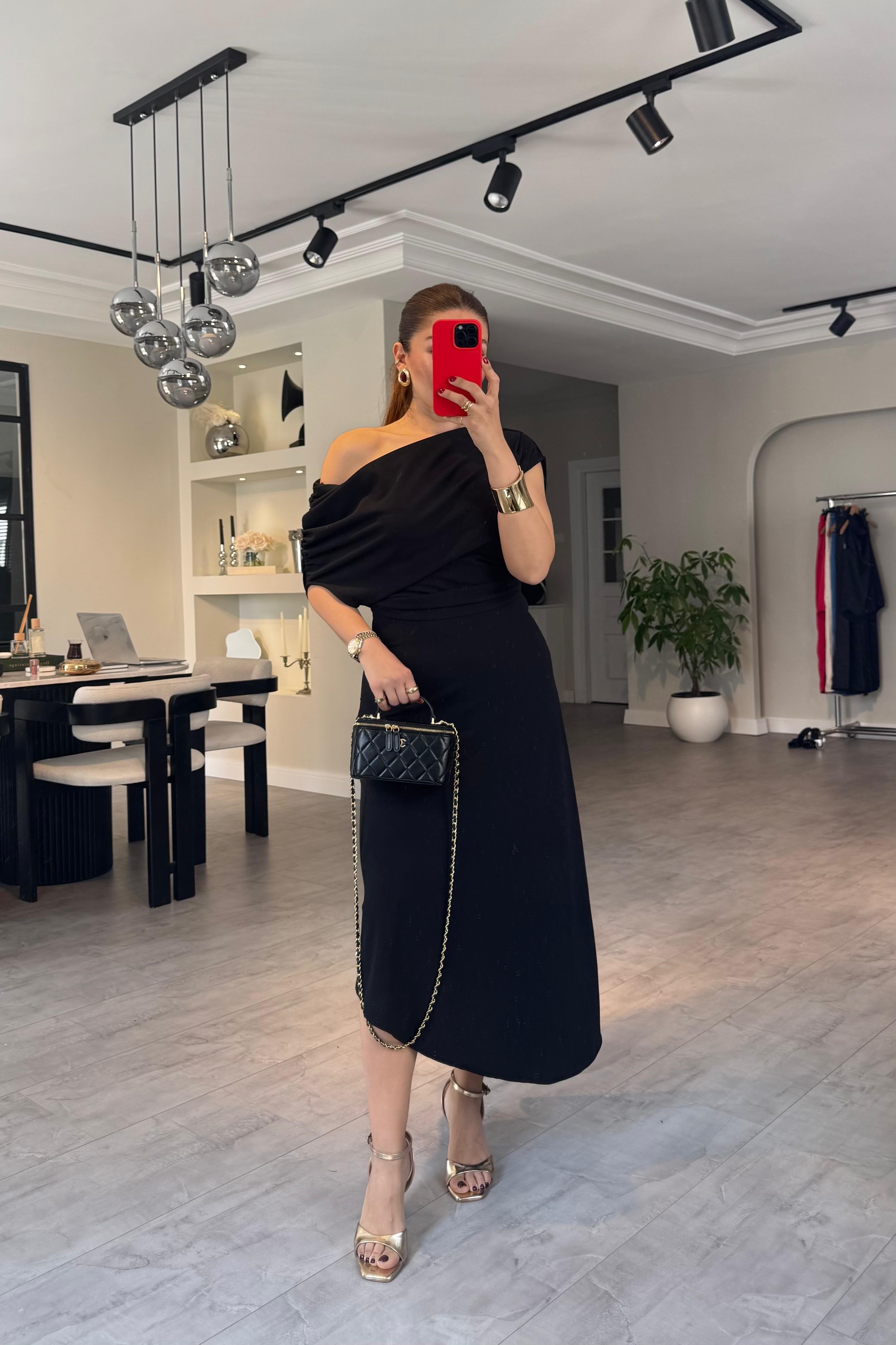 OMUZ BÜZGÜLÜ ASİMETRİK ELBİSE/6190