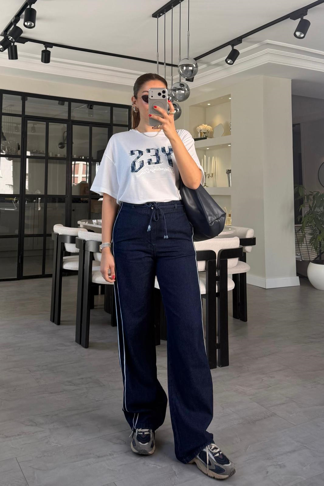 BELİ LASTİKLİ ŞERİTLİ DENİM PANTOLON/22502