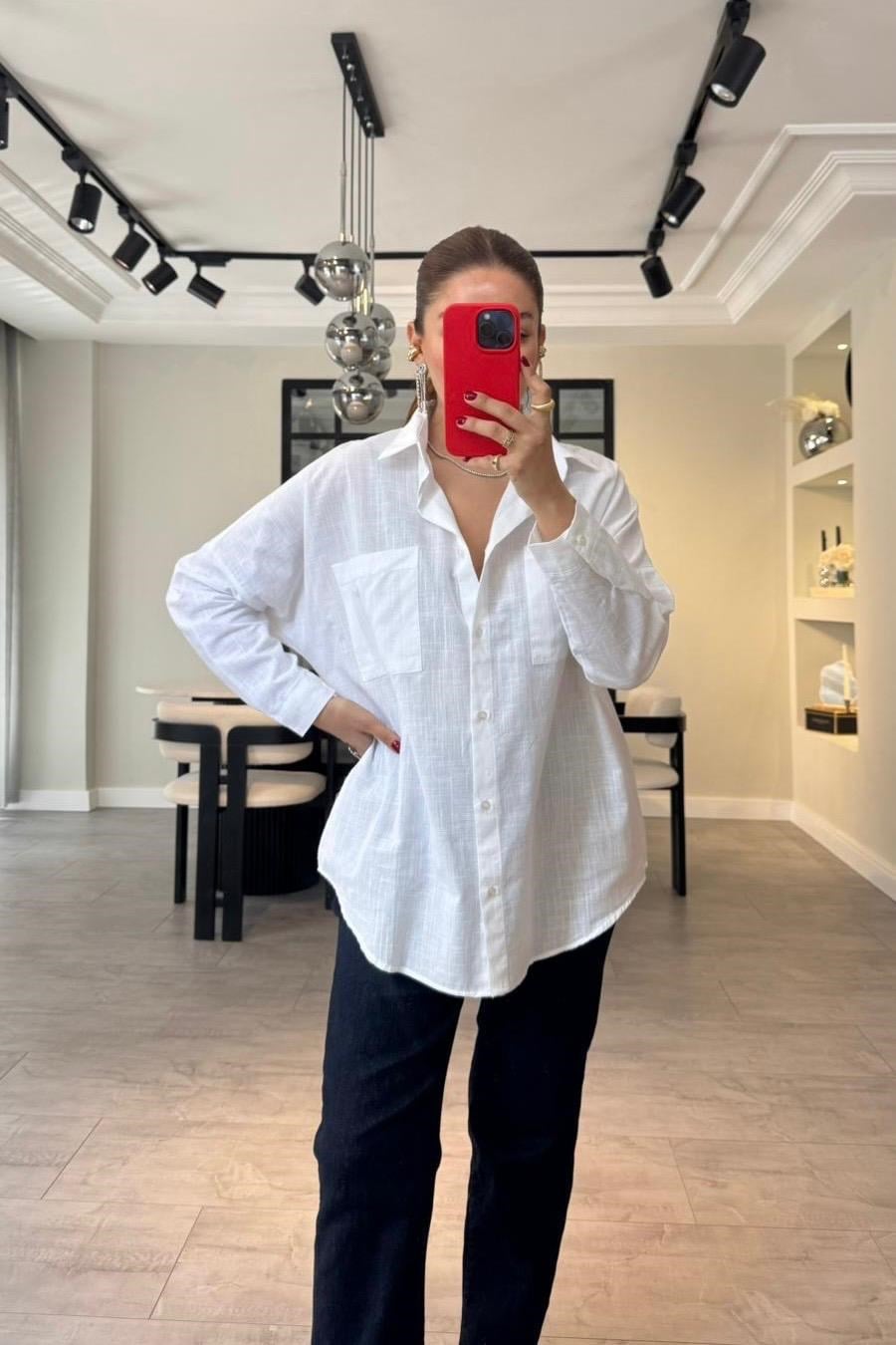 FLAMLI KETEN OVERSİZE GÖMLEK/Y139