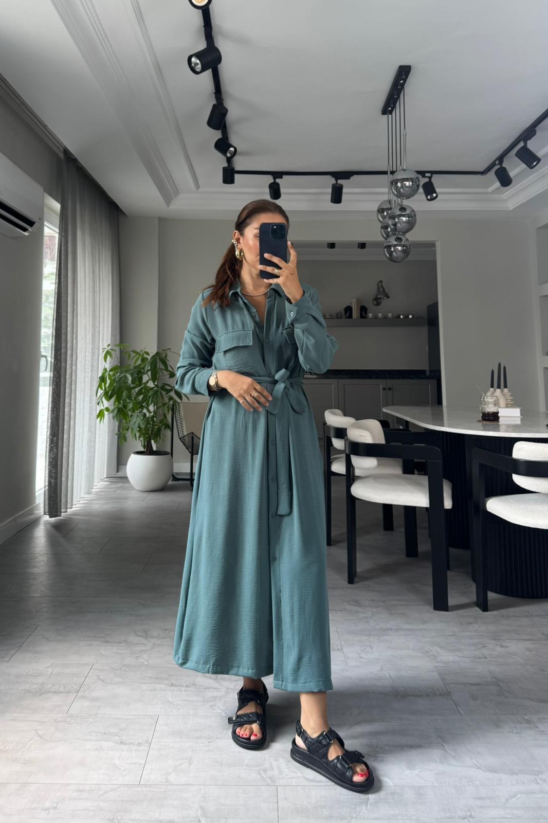 AYROBİN ÖNÜ CEPLİ GÖMLEK ELBİSE/8239