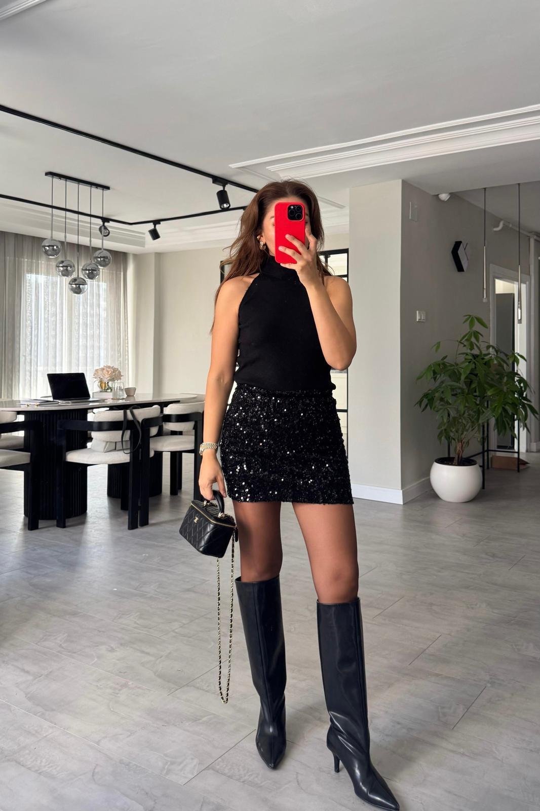 SÜET PUL İŞLEMELİ MİNİ ETEK