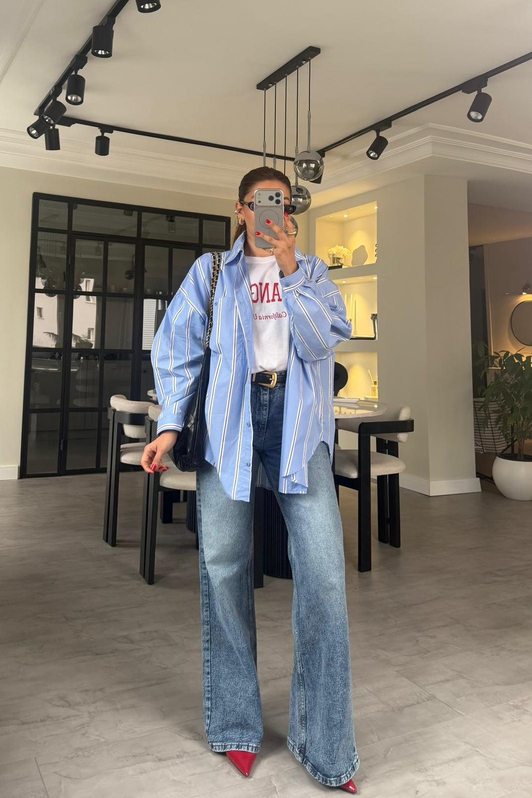 CEPLİ OVERSİZE ÇİZGİLİ GÖMLEK/58469