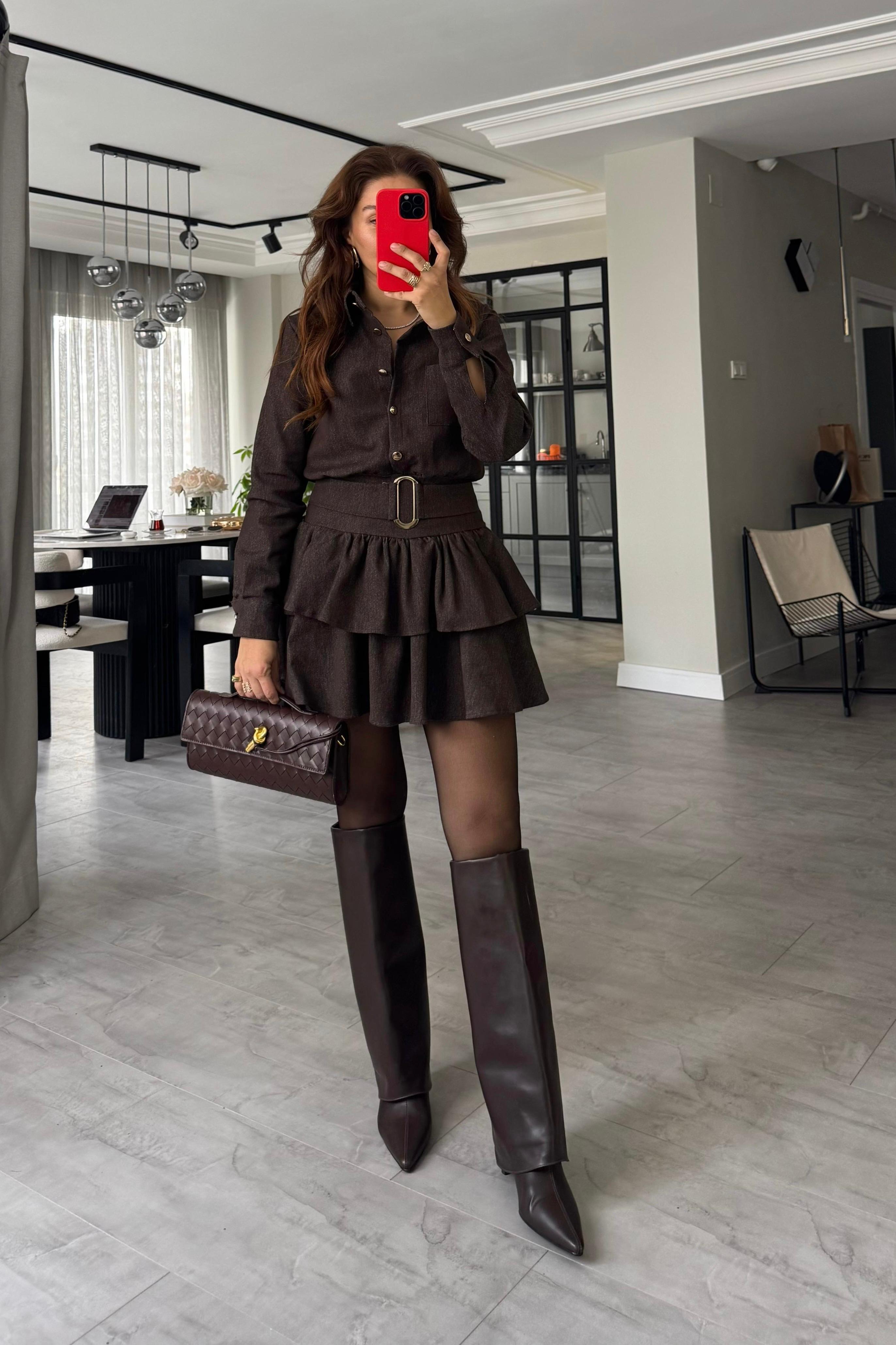 GOLD DÜĞMELİ ETEĞİ VOLANLI UZUN KOL DENİM ELBİSE/7542