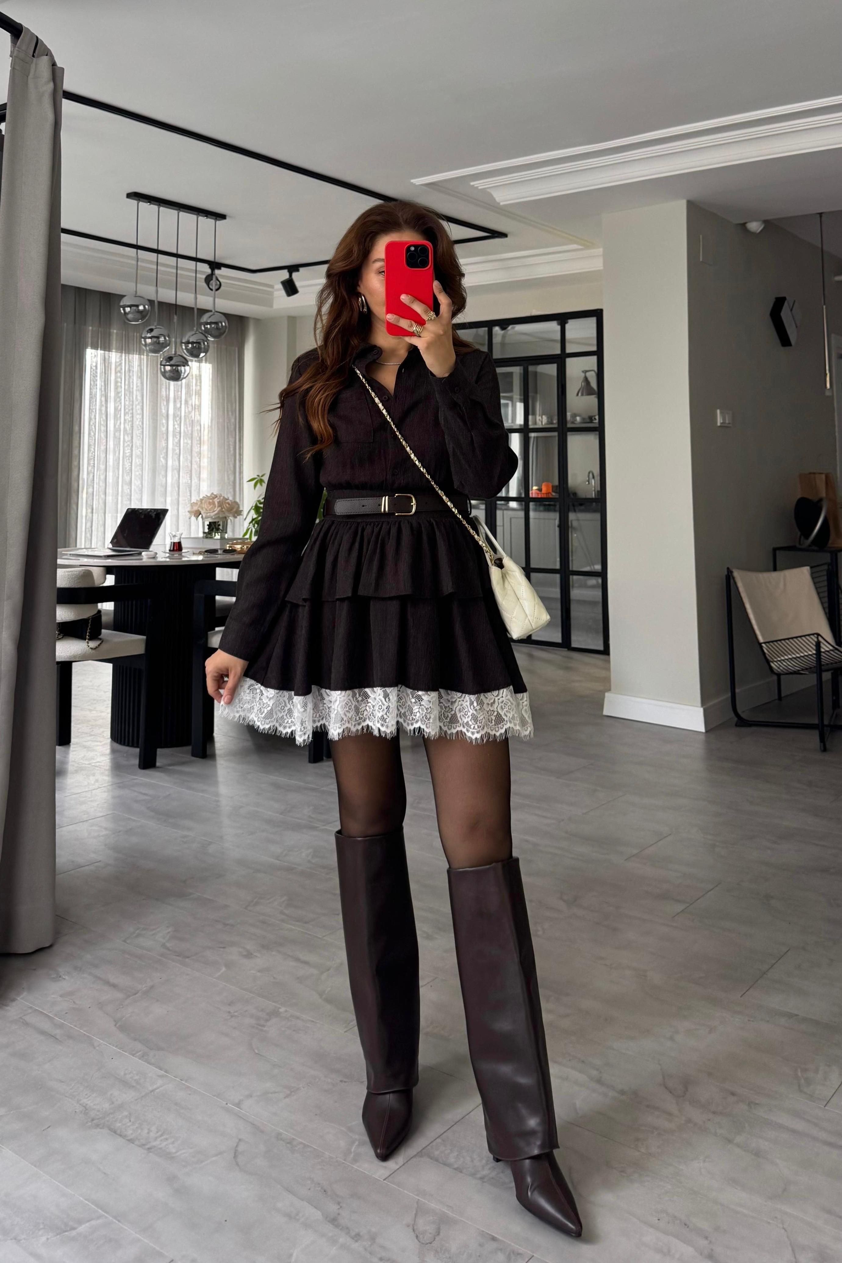 KEMERLİ ETEK UCU DETAYLI GÖMLEK ELBİSE/7626