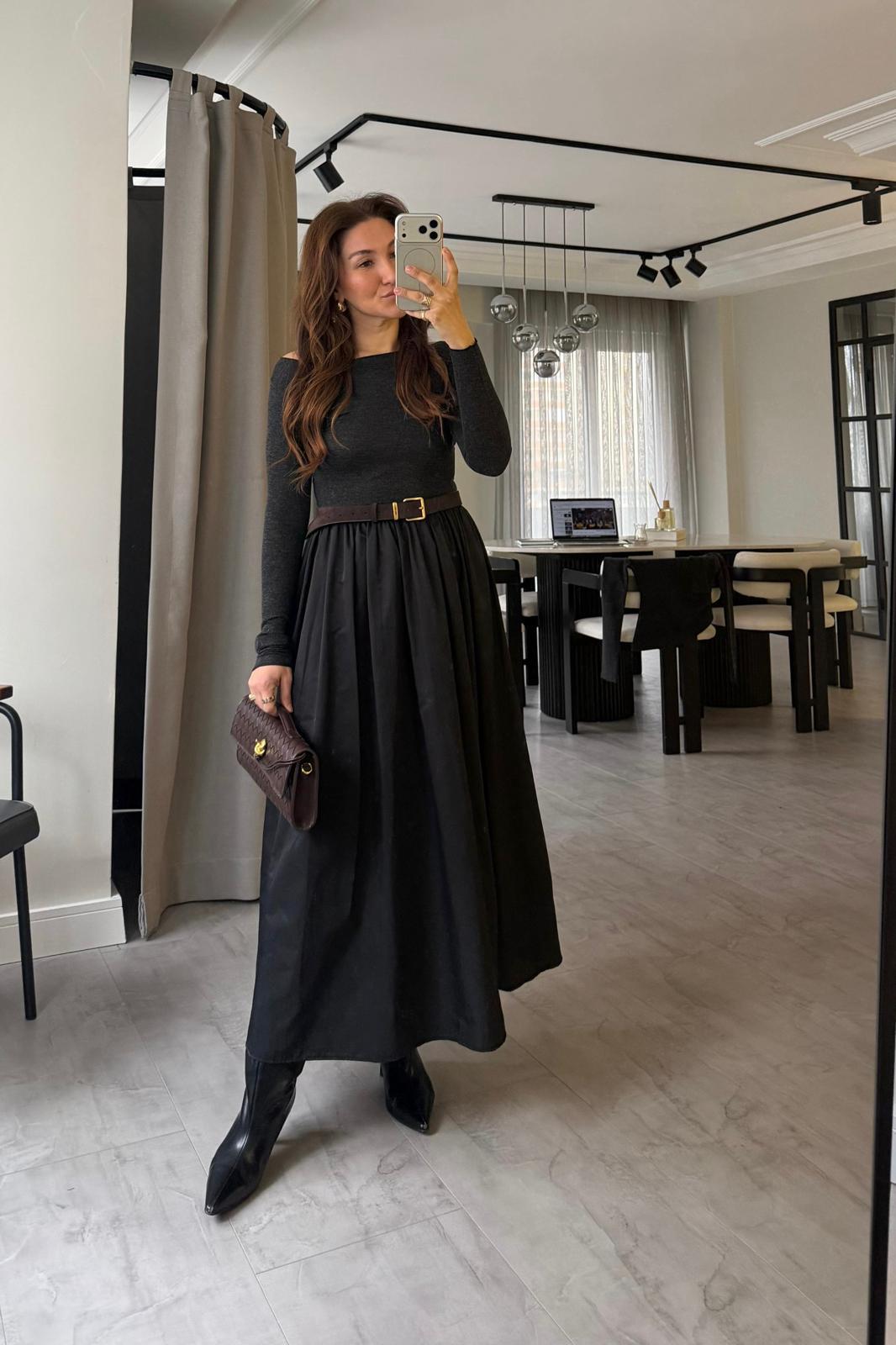 UZUN KOL KIRÇILLI POPLİN ELBİSE/3092