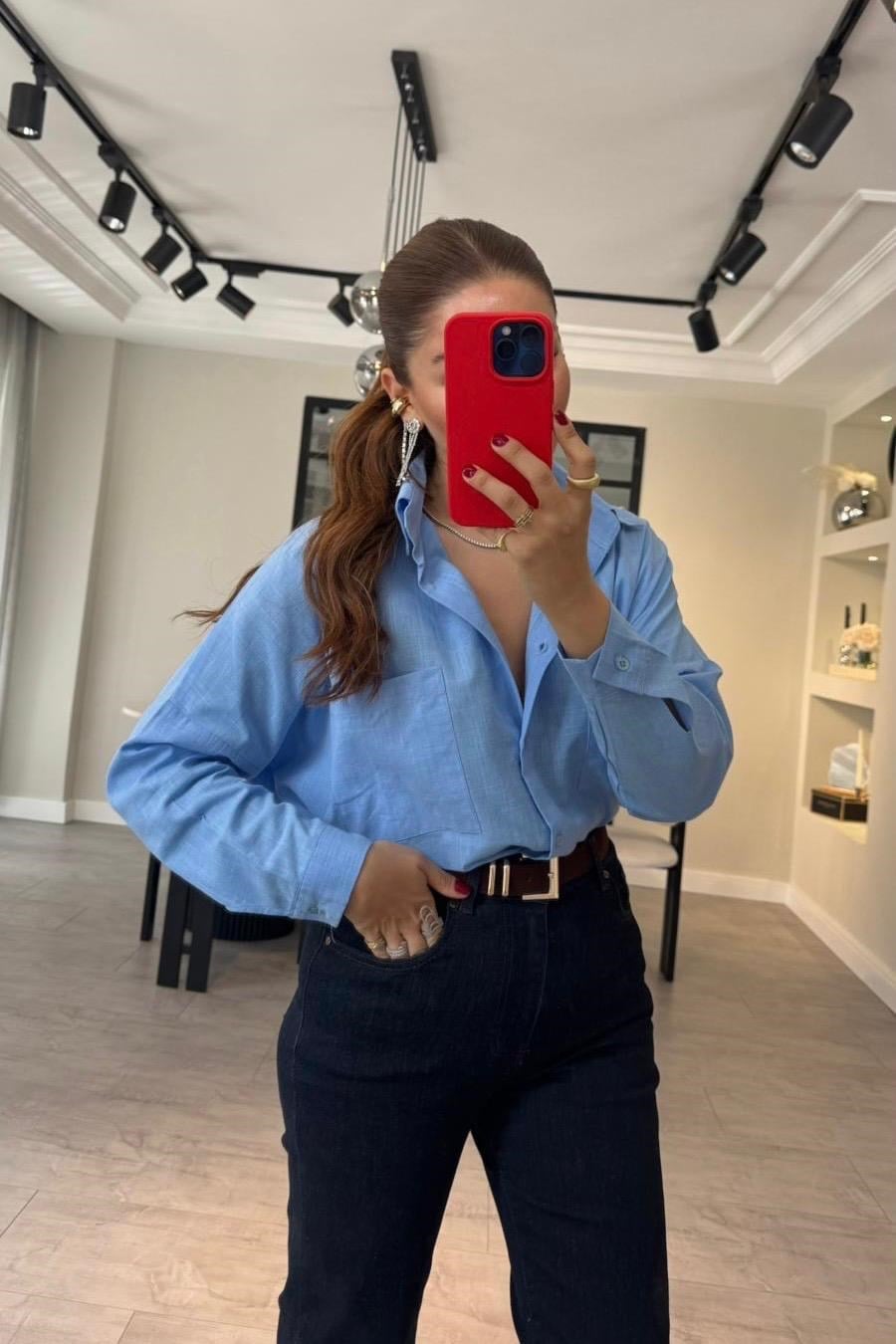 FLAMLI KETEN OVERSİZE GÖMLEK/Y139