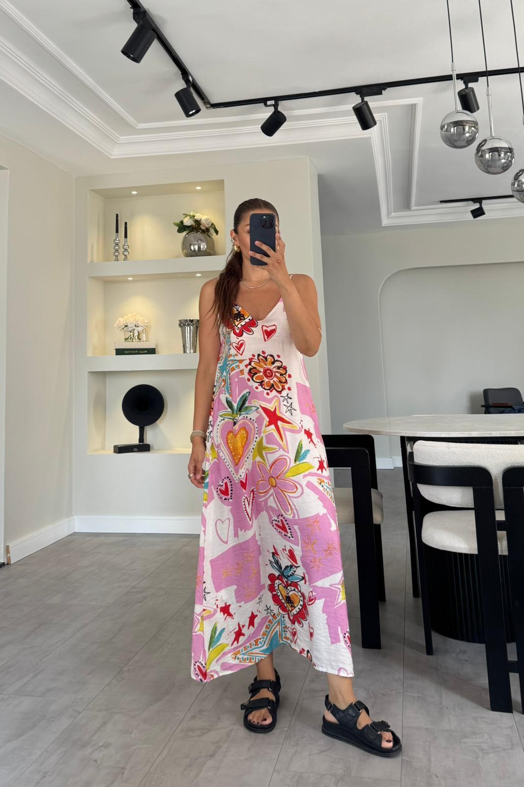 İP ASKILI DESENLİ VİSKON ELBİSE/0112